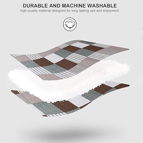 Vista 28 de PANGUSHAN Juego de edredón de 100 % algodón, tamaño Queen, juego de ropa de cama de retazos a cuadros, edredón reversible ligero de granja, colcha