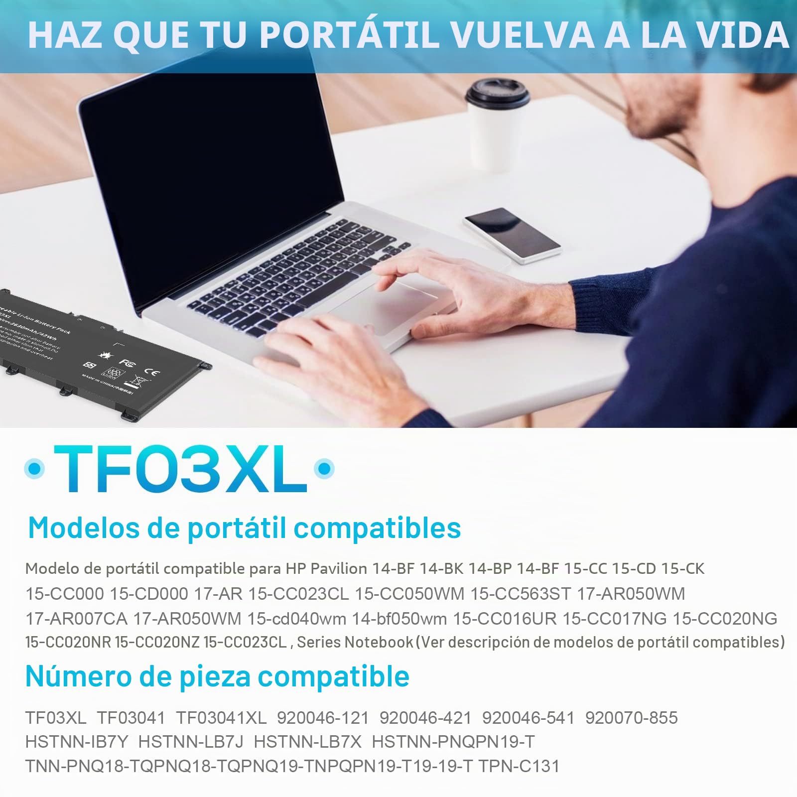 ASUNCELL 11.55V/42Wh TF03XL Batería del Ordenador portátil para HP Pavilion 14-BF 14-BK 14-BP 14-BF 15-CC 15-CD 15-CK 17-AR050WM17-AR007CA 17-AR050WM TF03XL TF03041 TF03041XL HSTNN-LB7J HSTNN-LB7X