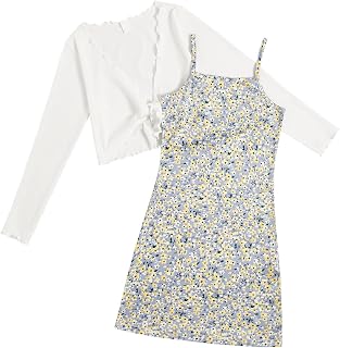 Girl's 2 Piece Outfits Ditsy Floral Print Straight Short Cami Dress and Mesh Long Sleeve Tie Front Tops Sets