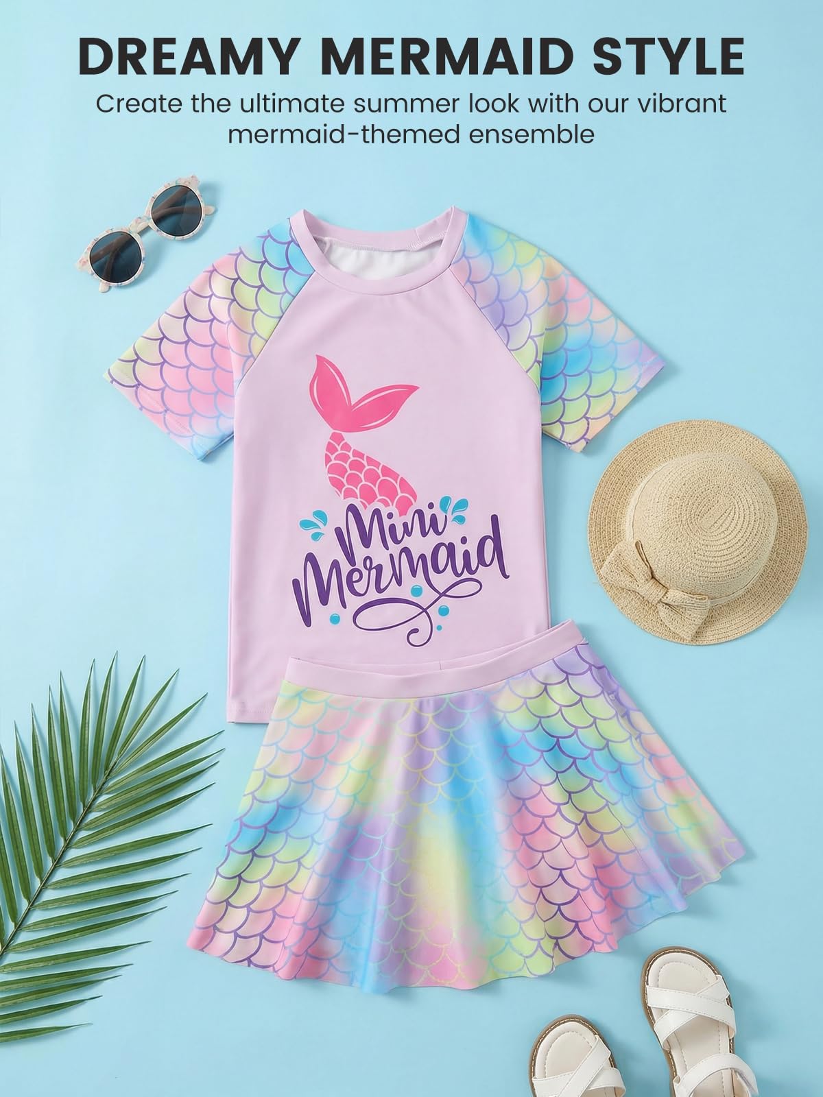 JiAmy Conjunto de traje de baño para niñas, camiseta de manga corta con pantalones cortos de natación con falda, degradado de escamas de peces, traje de baño de playa para niños de 3 a 8 años