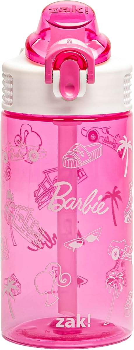 Zak Designs Barbie Sage 16oz Leak-Proof Straw Kids Water Bottle, Plastic | BPA Free, Durable Plastic, Cupholder Friendly, Handle, Dishwasher Safe, Easy to Clean, Lid Lock, For School, Home, Travel