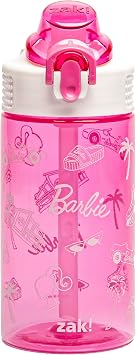 Zak Designs Barbie Sage Water Bottle For School or Travel, 16oz Durable Plastic Water Bottle With Straw, Handle, and Leak-Proof, Pop-Up Spout Cover (Barbie)