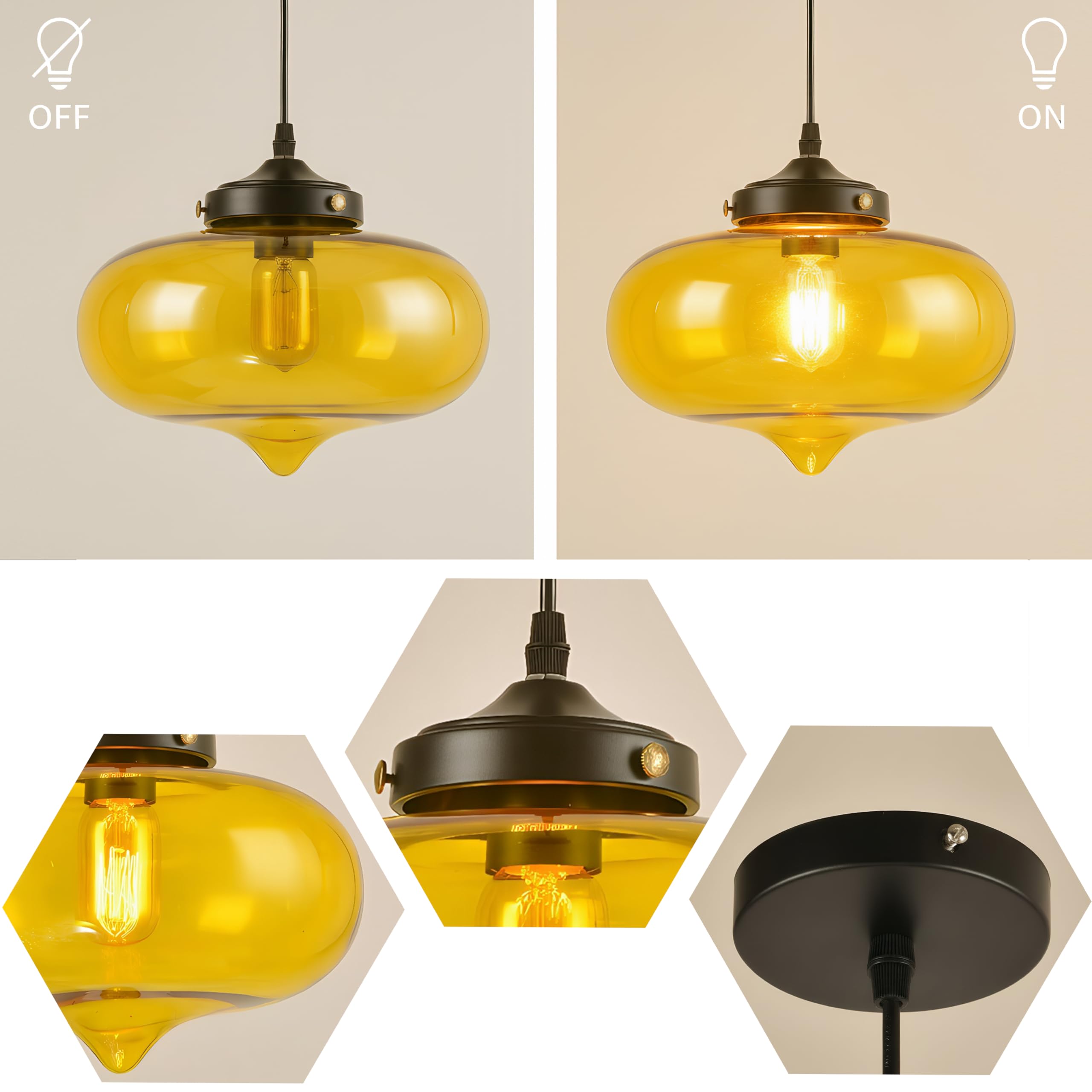 27cm Lampada A Sospensione In Vetro Moderna Con Portalampada In Metallo Nero, Lampadario Da Soffitto Industriale Vintage E27, Per Isola Cucina Sala Da Pranzo Camera Da Letto Bar (Giallo)
