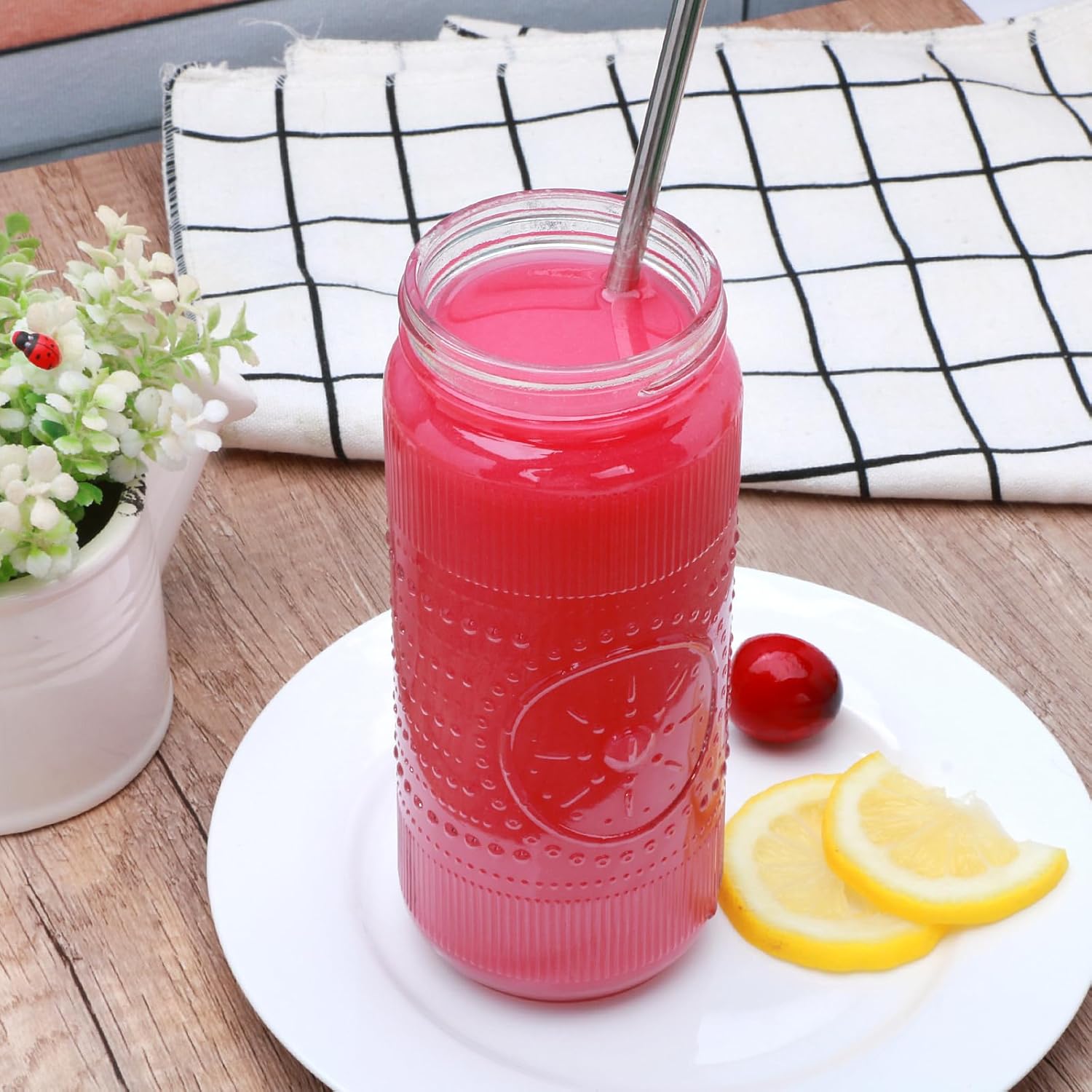 Encheng 12 Pack 16oz Glass Juice Bottles,Reusable Juicing Bottles with Lids and Straws,Embossed Juice Containers Kombucha Bottle Smoothies Jars for Water, Iced Coffee,Party,Travel - Image 7