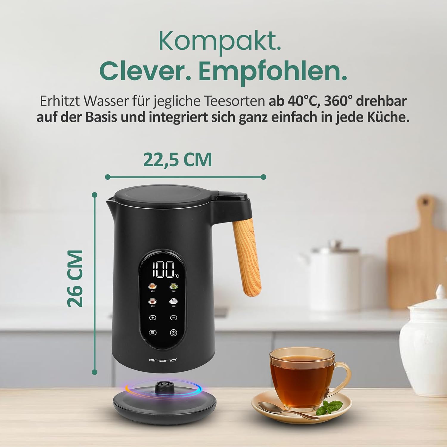 EMERIO WK-132230 kettle with dimensions labeled: 26 CM height and 22.5 CM width.