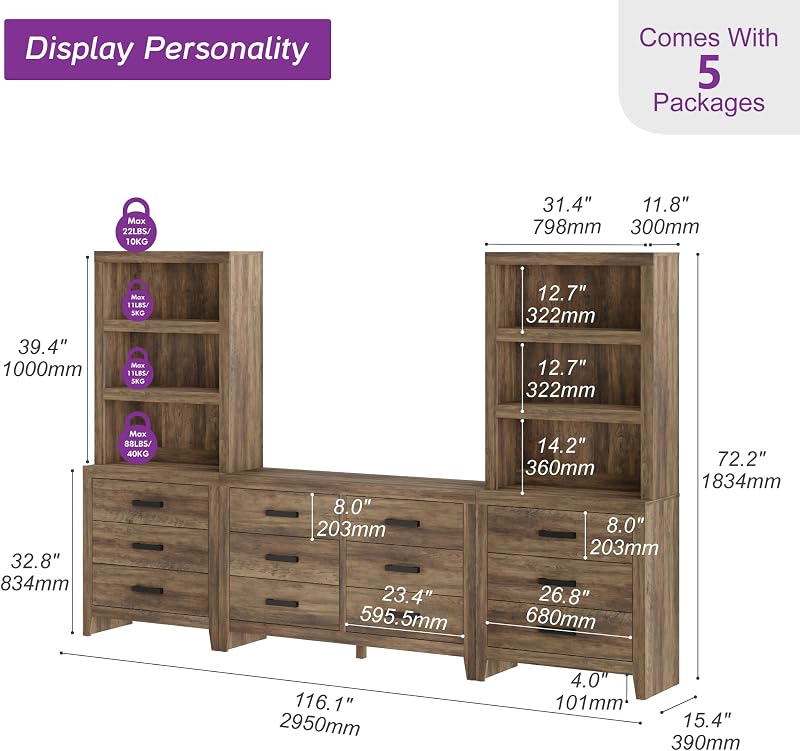 WAMPAT 116" Entertainment Center with Bookshelves, 5-Piece TV Stand with Drawers and Storage, Large Media Console Wall Unit with 2 Tall Bookcases, Modular TV Cabinet for Living Room,Brown image 2