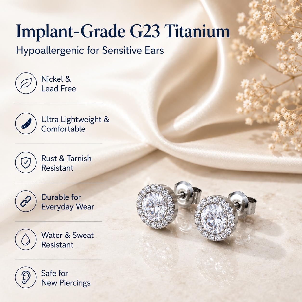 Titanium Halo Stud Earrings, Hypoallergenic Implant Grade G23 Health Earring for Sensitive Ears, Astm F136 Medical Grade Titanium Paved CZ Studs for New Piercing丨 Lead-free, Nickel-free, Non Tarnish丨8MM, 20 Gauge, 5A Cubic Zirconia