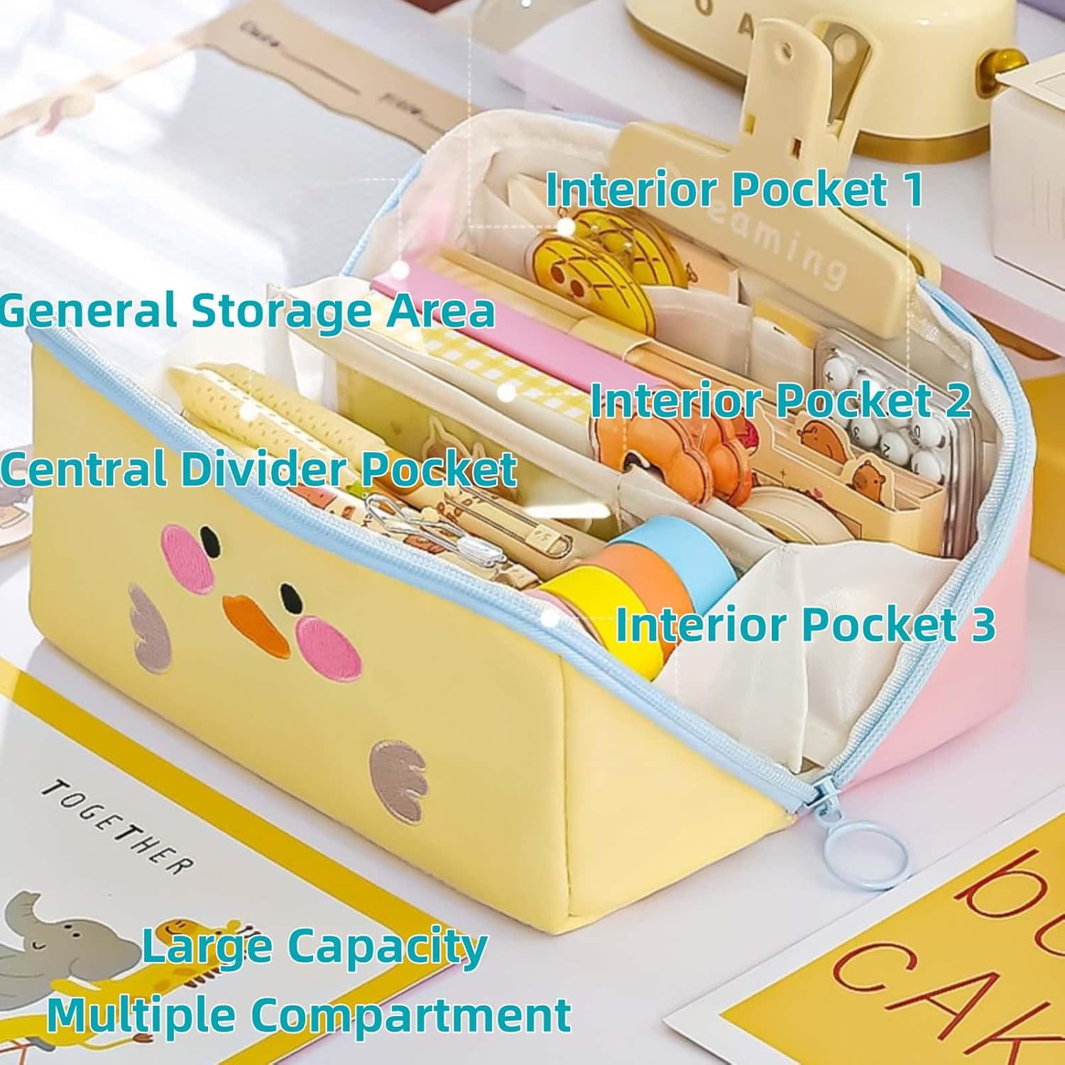 Cute Kawaii Pencil Case Pouch with Handle Cartoon Animal Large Capacity Pen Box Holder Organizer for Office Workspace Supplies Desk Accessories Travel Essentials Trendy Gift (Yellow Duck) - Image 4