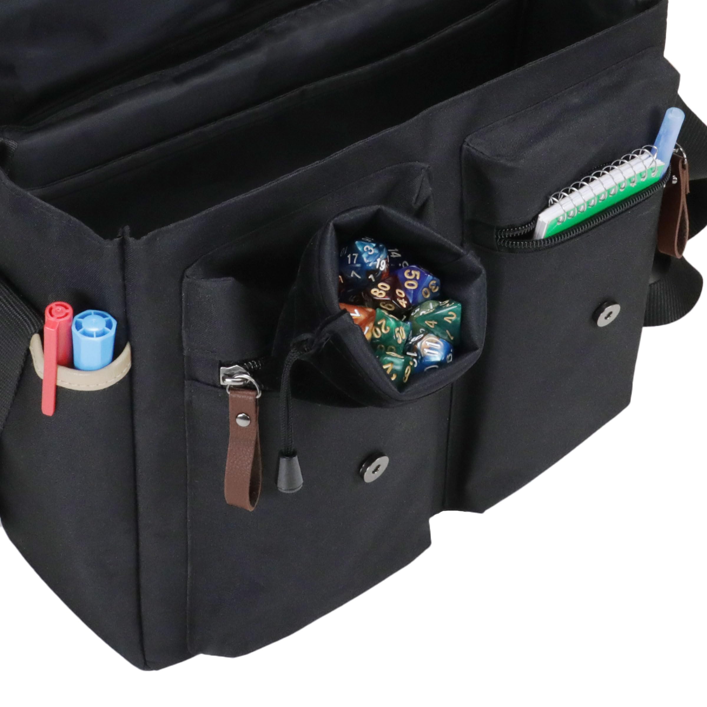 ENHANCE Bolsa de Diseño DND: Elegante Bandolera para Jugadores de rol de Dungeons and Dragons. con Espacio para el Manual del Jugador, Carpetas, Dados y Accesorios, y Bolsillos Laterales (Negro)