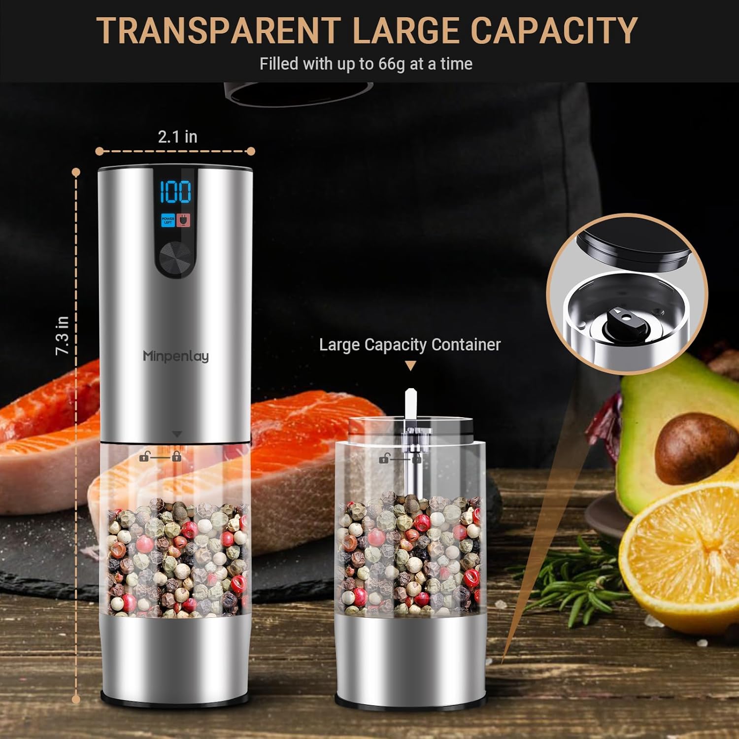 Electric Salt and Pepper Grinder Set Rechargeable with LED Display, Adjustable Coarseness, 120ml Container Automatic Pepper and Salt Grinder for Kitchen, Restaurant (Silvery)