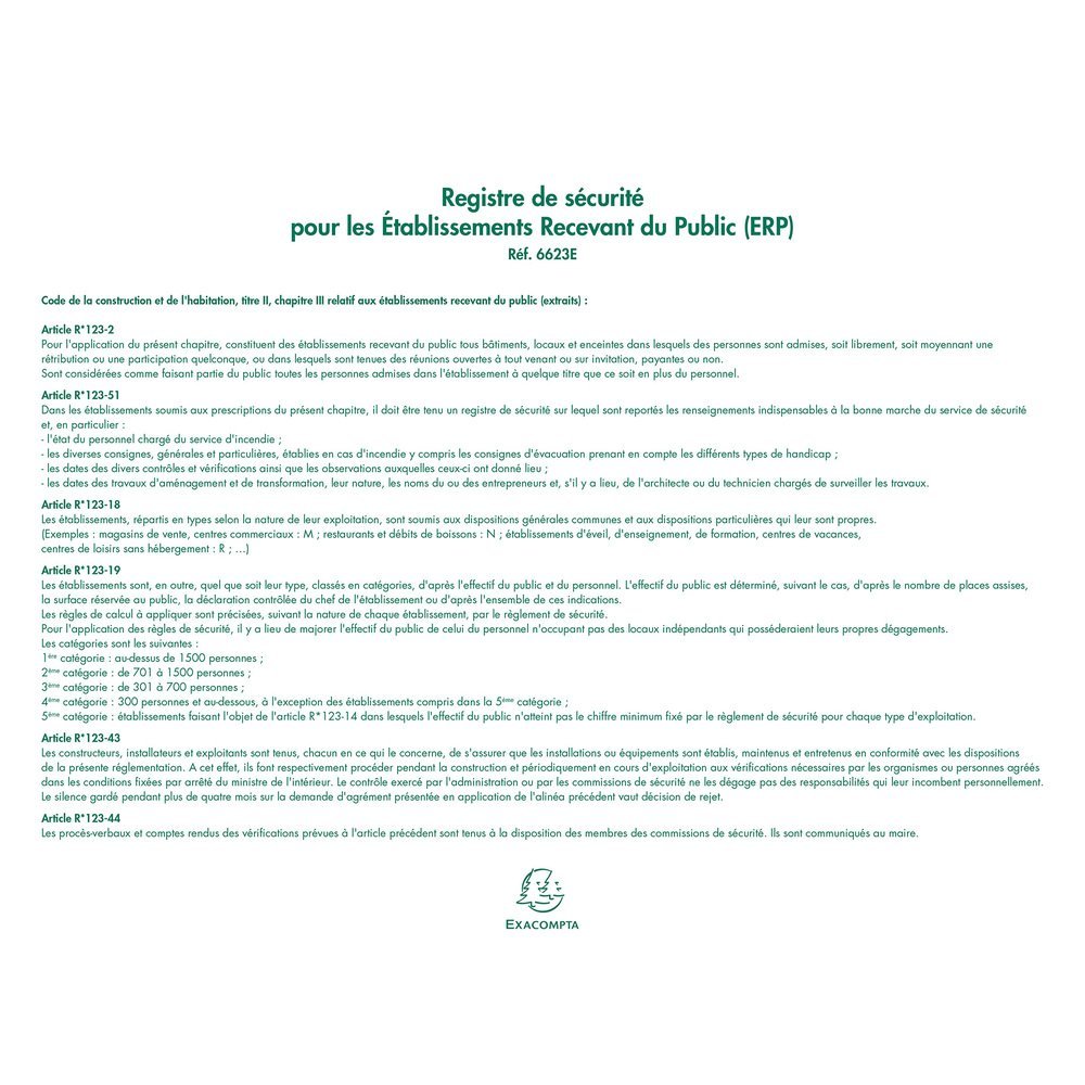 Exacompta - Réf. 6620E - 1 Piqûre 27x32cm - Registre unique du personnel (salariés et stagiaires) - 56 pages & 6623E Registre de sécurité pour les Etablissements Recevant du Public (ERP) 32 pages