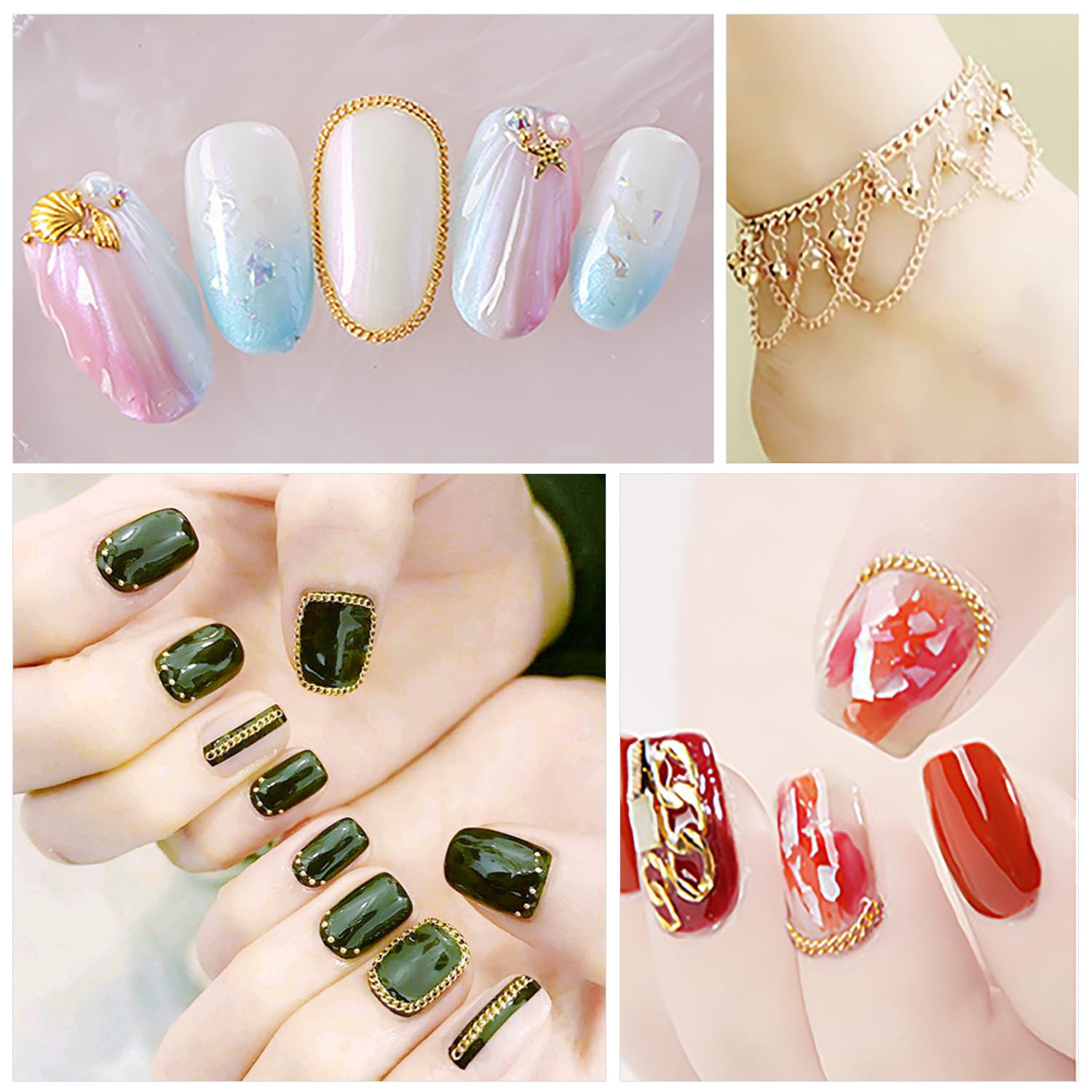 4 paquetes de 24 tiras de cadenas de uñas para arte de uñas, oro, plata, negro, multicolor, aleación de metal, cadenas de arte de uñas, dijes de uñas dorados, dijes de uñas plateados