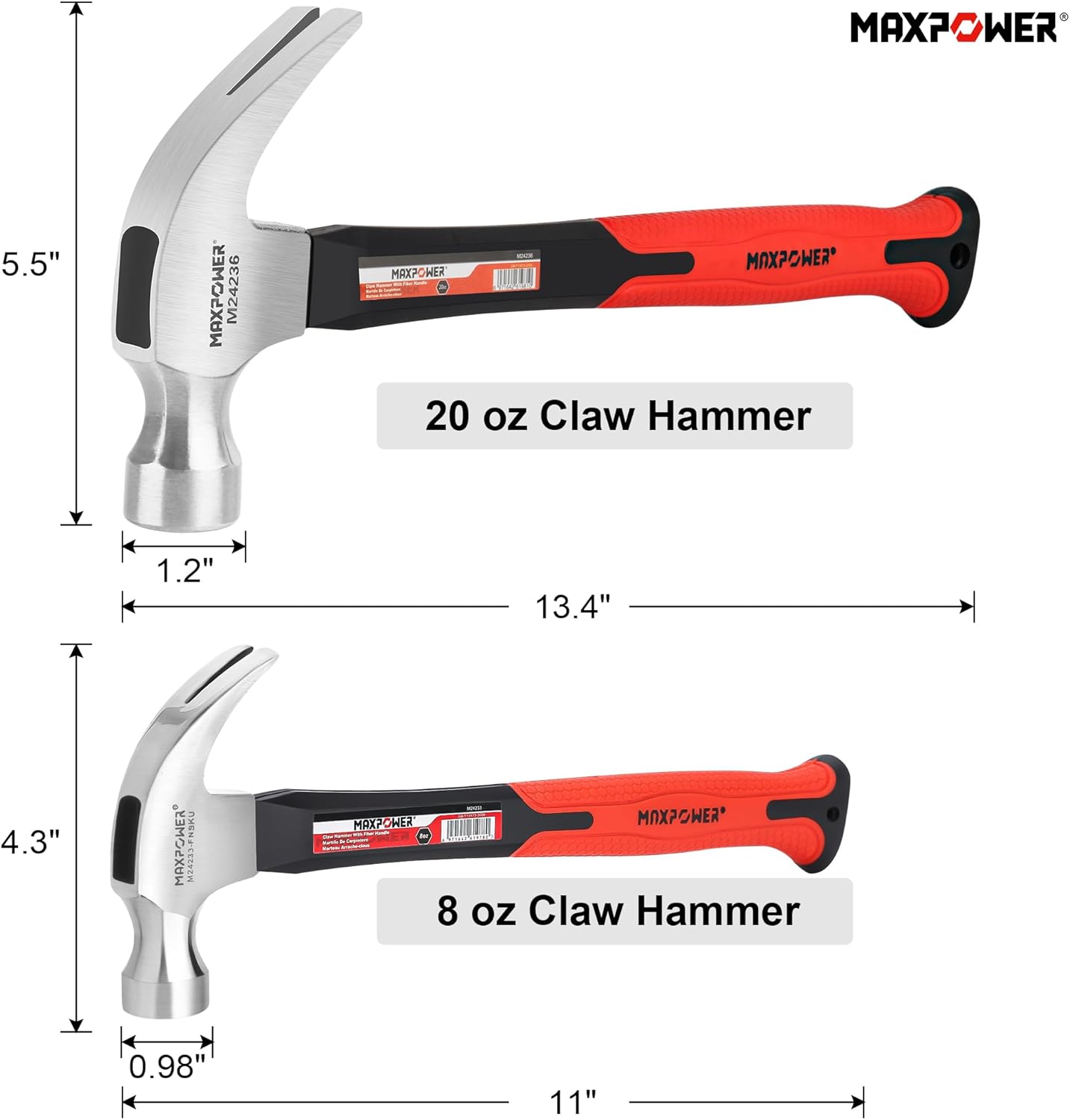Dimensions of 8oz and 20oz MAXPOWER Claw Hammers