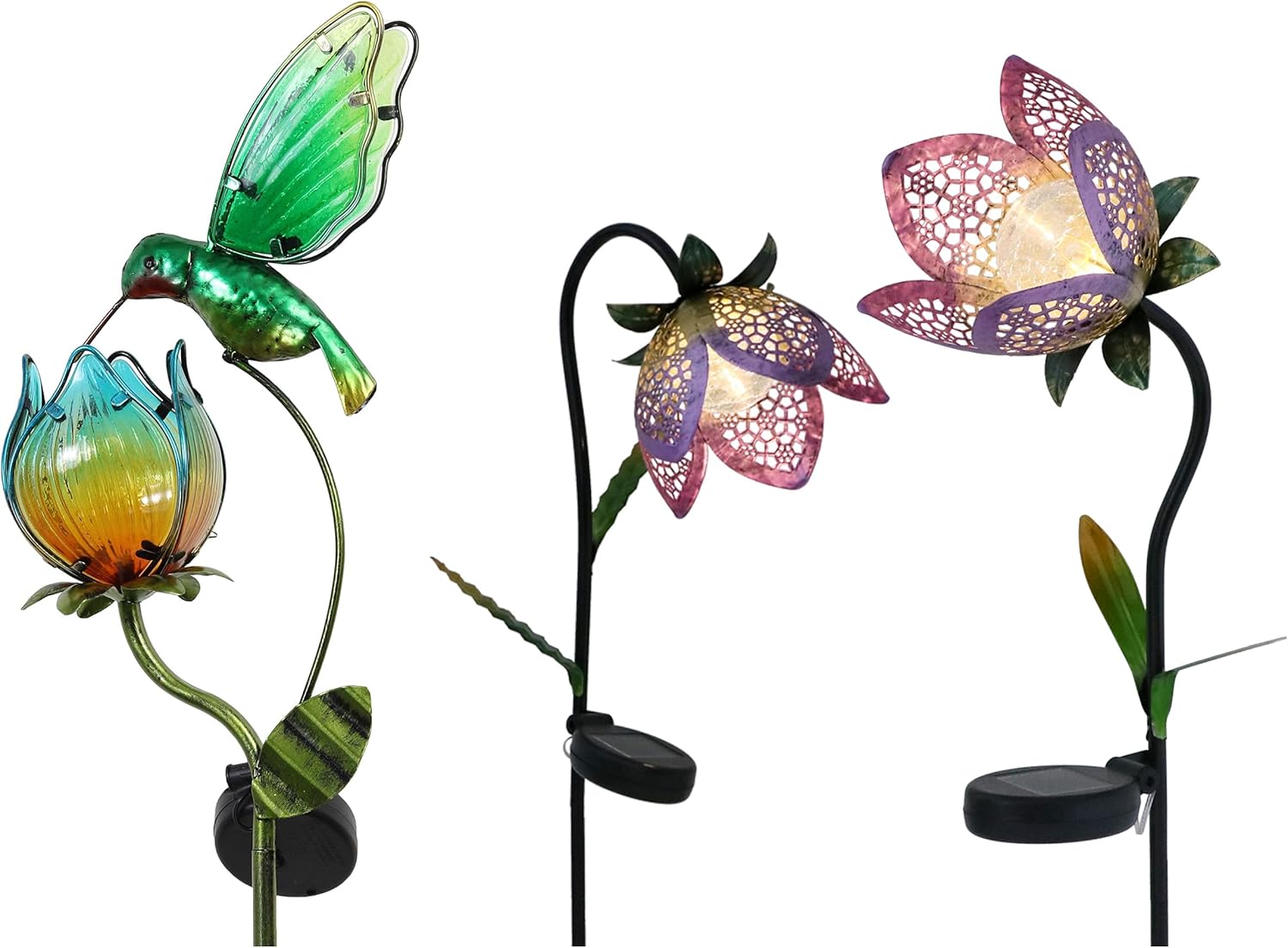 TERESA'S COLLECTIONS Glass Flower and Bird Pathway Solar Light for Garden Decor +Flower Solar Garden Decorations Lights for Lawn Ornaments