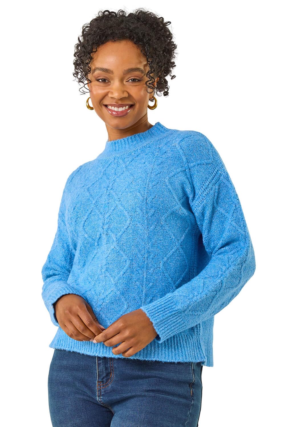 Roman Women's Blue Petite Cable Knit Jumper In Size 14