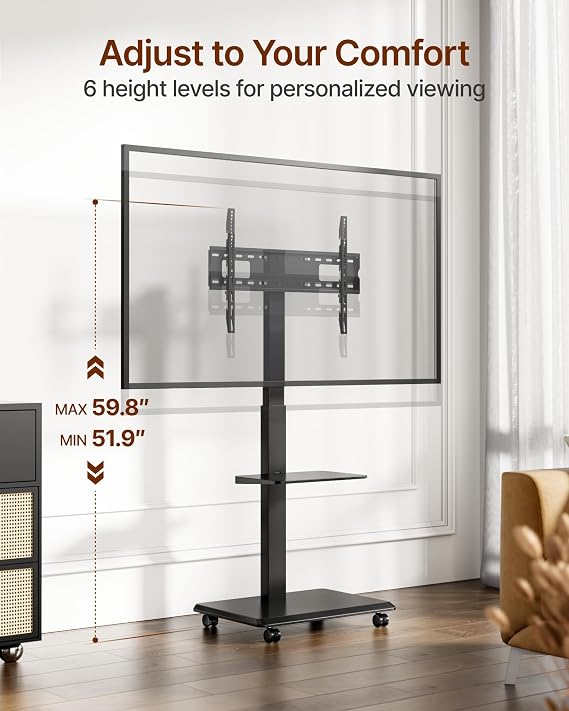 エコティニー スチールベース ローリングテレビスタンド 32~75インチテレビ用 最大110ポンドまで 水平調整&傾斜&回転モバイルテレビスタンド 隠しワイヤーマネージメント付き 高さ調節可能なポータブルテレビスタンド スチールシェルフ付き ブラック