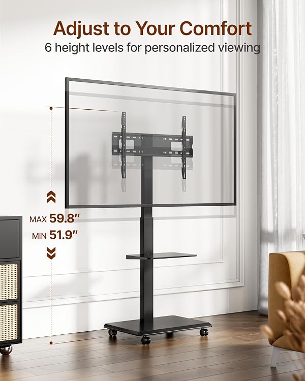 ECOTINY Steel Base Rolling TV Stand for 32-75 inch TVs up to 110 lbs, Leveling & Tilt & Swivel Mobile TV Stand with Hidden Wire Management, Height Adjustable Portable Tv Stand with Steel Shelf, Black by ECOTINY - Image 5