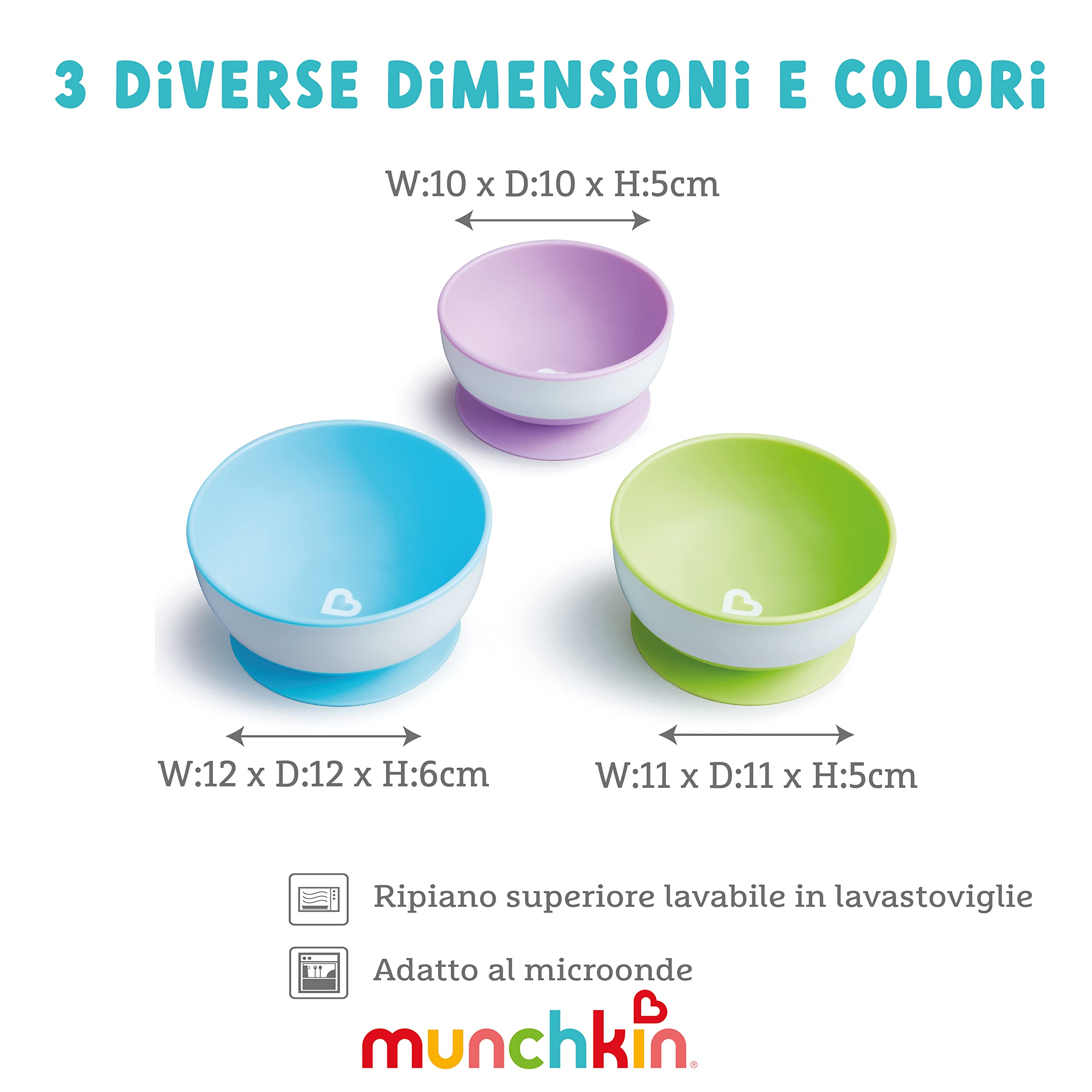Munchkin Stay Put Baby Set di Ciotole con Ventosa, Set di ciotole per bebe per svezzamento , Ciotola con ventosa per alimentazione , Set di svezzamento per bambini da 6 Mesi+ , Senza BPA , 3 Pezzi