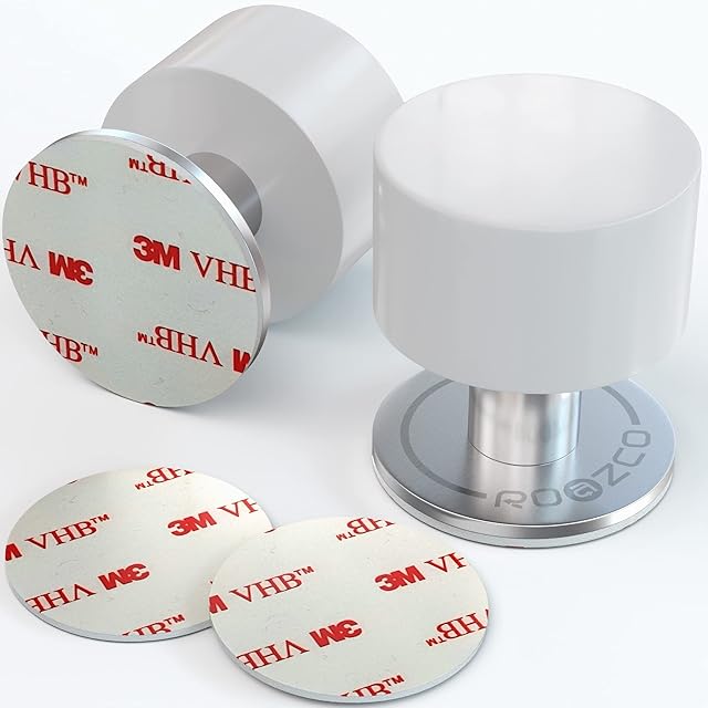 ROAZCO Door Stops White with 2 Extra Stickers - Set of 2 Self-Adhesive Rubber Door Stoppers  Sound Dampening Bumper Top with Stainless Steel Body