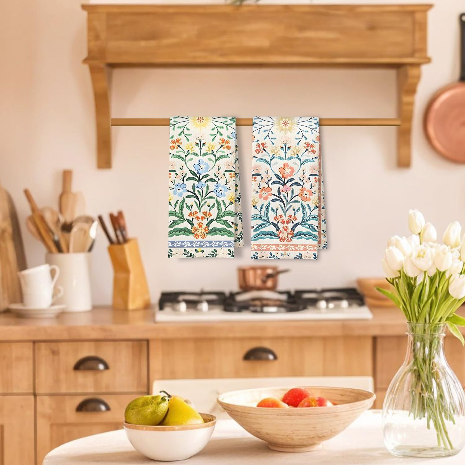 Vintage Boho Floral Kitchen Towels Set of 2, Retro Oriental Traditional Flower Dish Tea Towels for Kitchen Decor, Pink and Blue Floral Decorative Hand Towels for Bathroom Decor, 16x24 in - Image 2