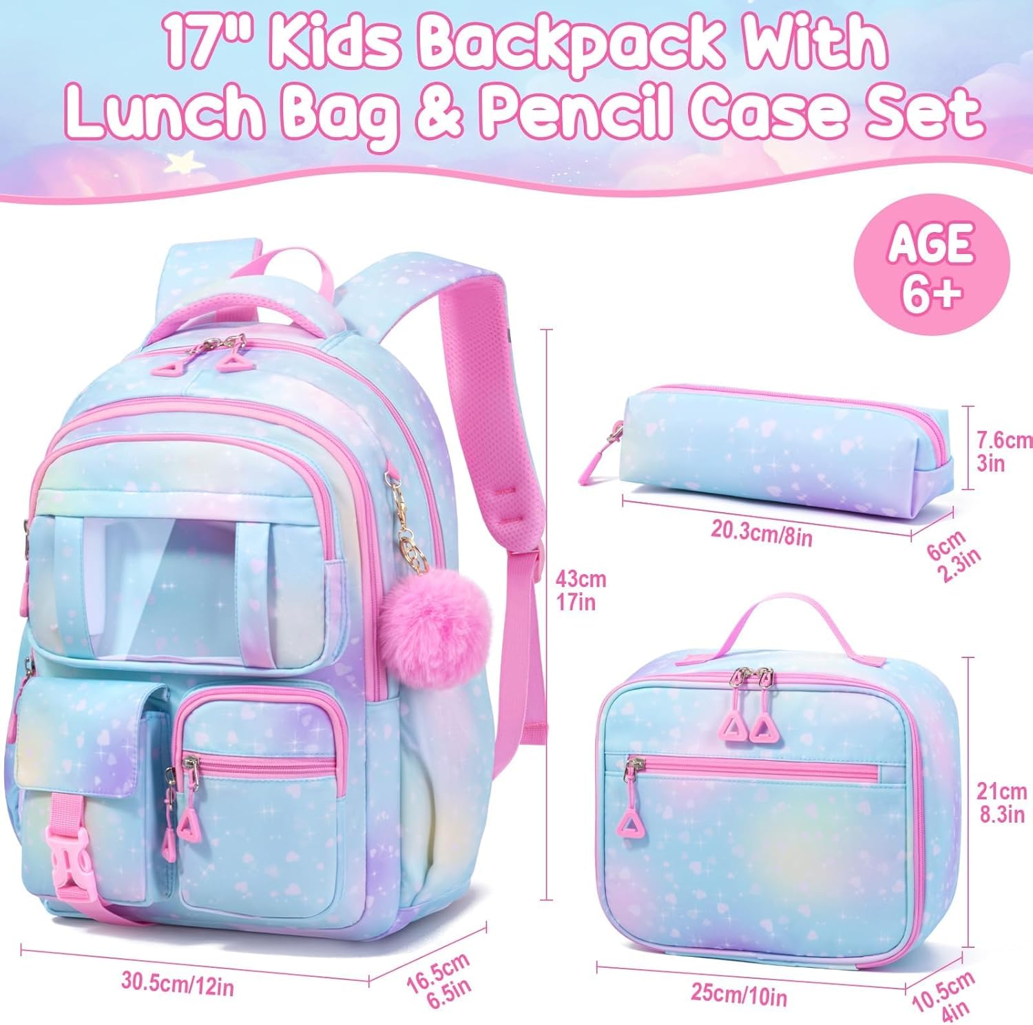 Fimibuke Kids Backpack for School Girls, 3Pcs Waterproof Girls Backpack with Lunch Box & Pencil Pouch - Lightweight Blue Bookbag for Ages 6+ Elementary Middle School Teens - Image 2