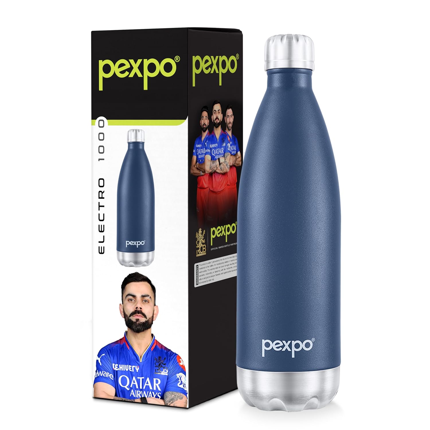 PEXPO Electro 1000 ISI Certified Hot & Cold | Stainless Steel Water Bottle – 980ml, Denim Blue | 2 Years Warranty | Office Bottle | Workout | Travelling | Home | RCB Edition