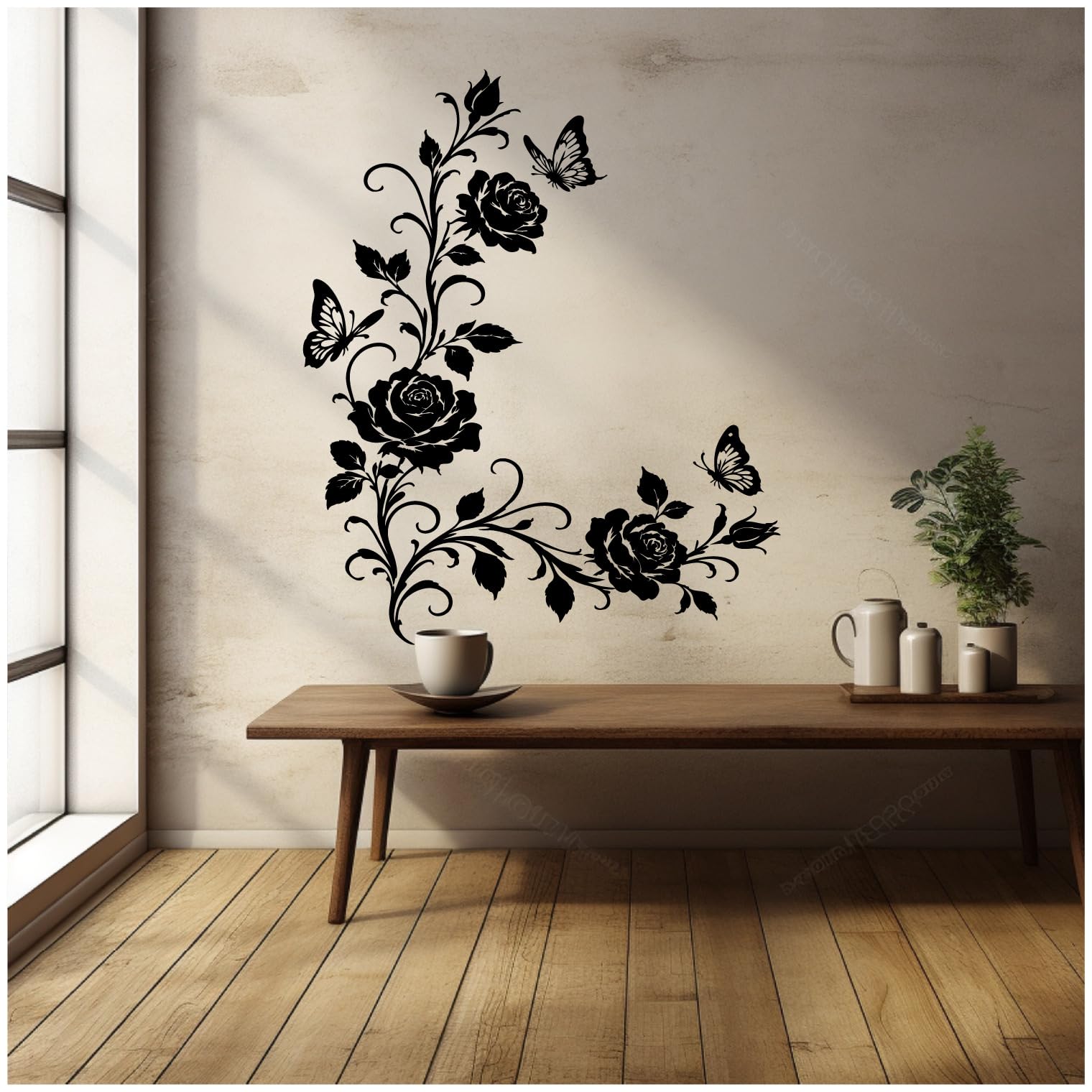 Samunshi® Wandtattoo Rosen Blumenranken Ecke mit Schmetterlingen Elegante Blumen Wanddekoration Florales Wandmotiv für Wohnzimmer, Schlafzimmer, Flur und Küche rot 89 x 120cm
