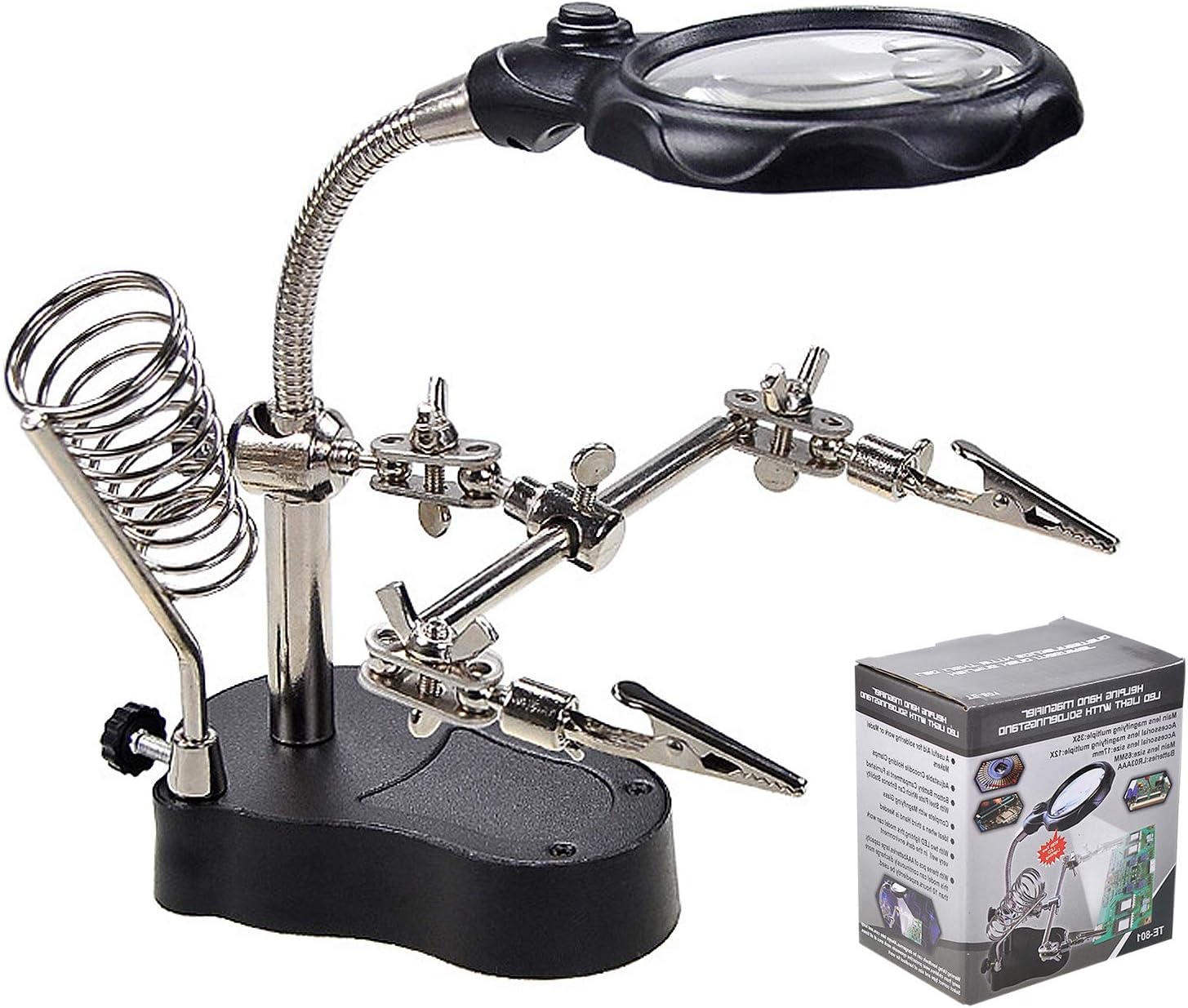 Helping Hands Soldering Station, 3.5X 12X Magnifying Glass LED Lighted Magnifier with Auxiliary Clips Alligator Clamp Repair Tools Kit for Soldering, Assembly, Miniatures