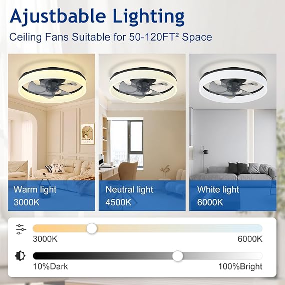 DLLT Ceiling Fans with Lights and Remote: 16 Inch Modern Low Profile Ceiling Fan with APP Control for Kids Room - Black Dimmable LED Bladeless Fandelier with 6 Wind Speeds Quiet DC Motor for Bedroom