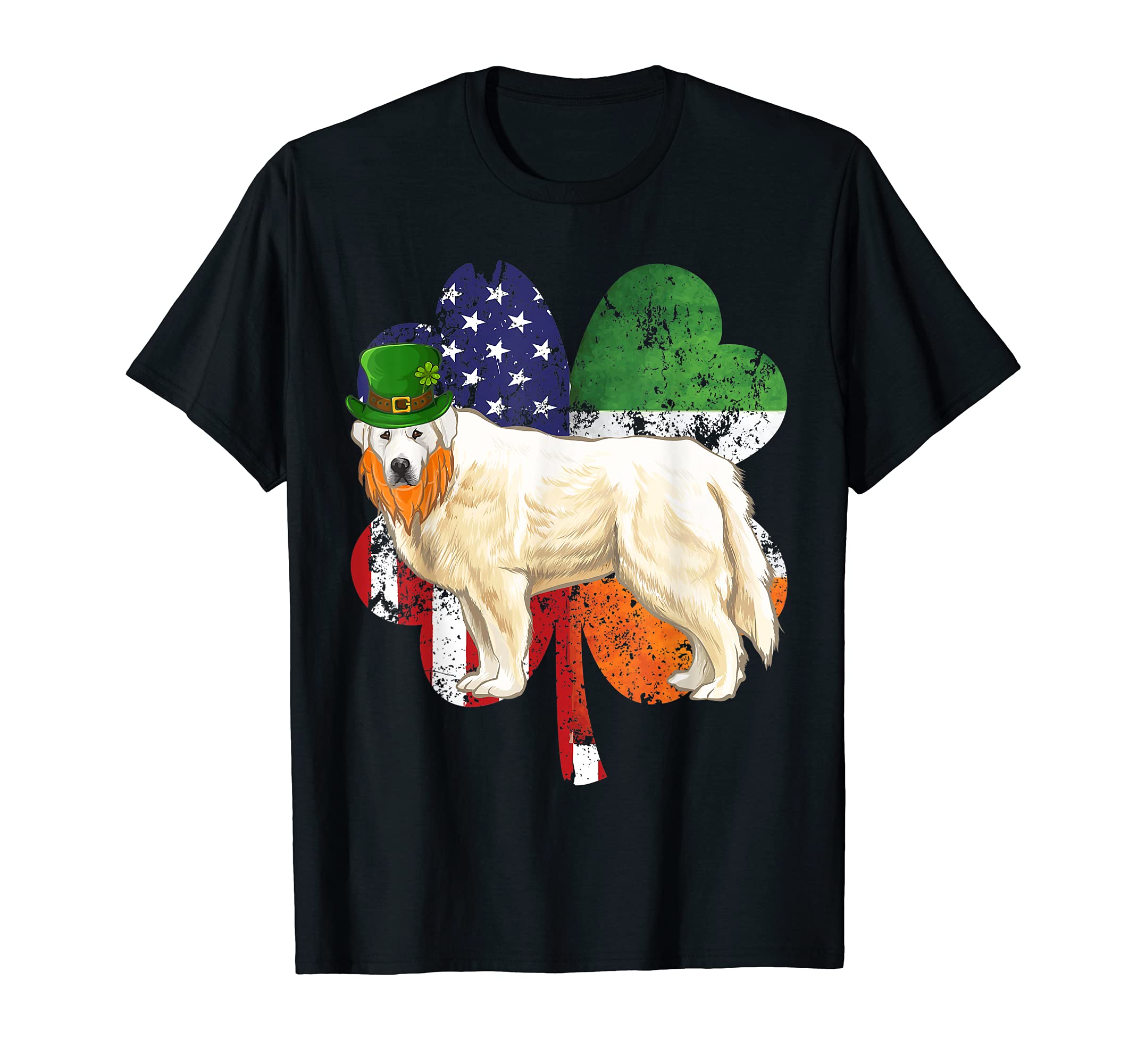 St Patricks Day Irish American Flag Great Pyrenee Dog T-Shirt, Black