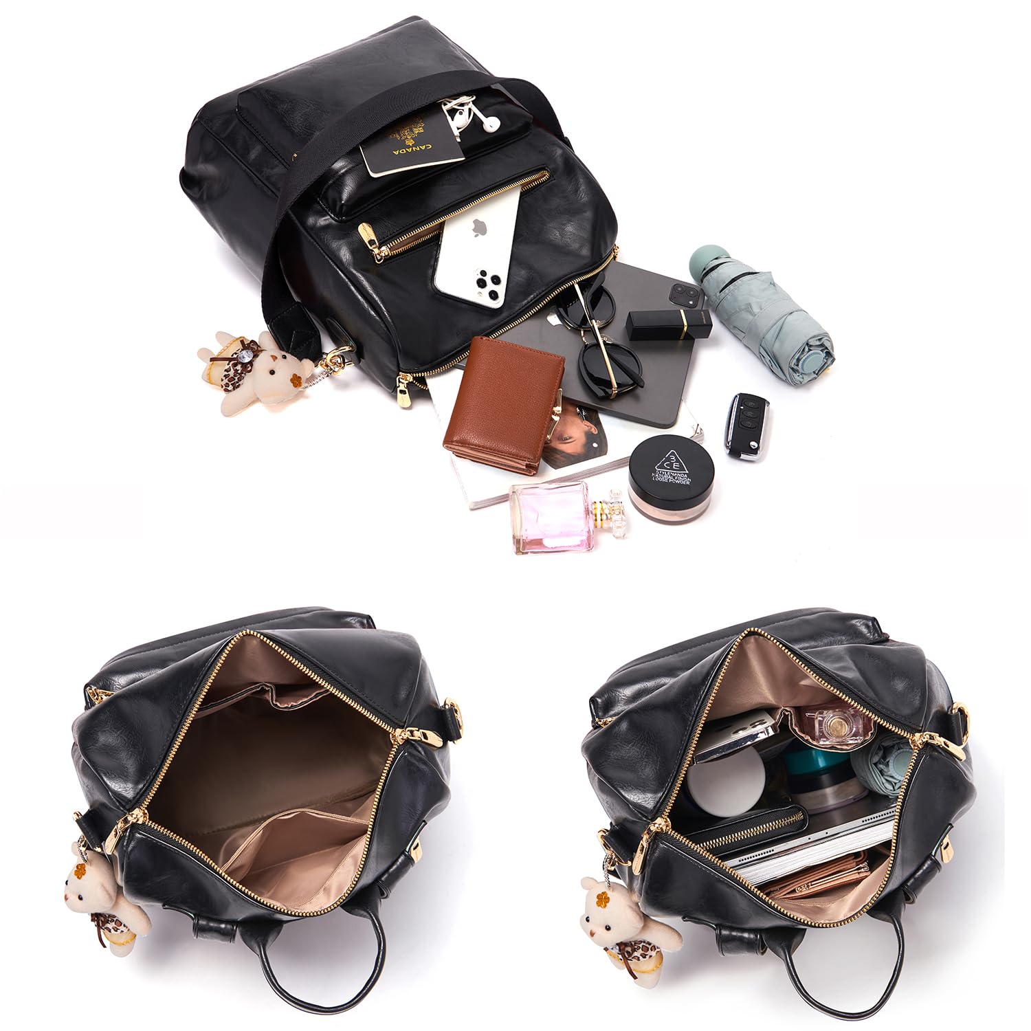 Mochila de moda para mujer, bolsos de diseño multiusos, bolso de hombro de cuero de la PU de viaje, cartera de 2 piezas, Negro, Mochilas Tote