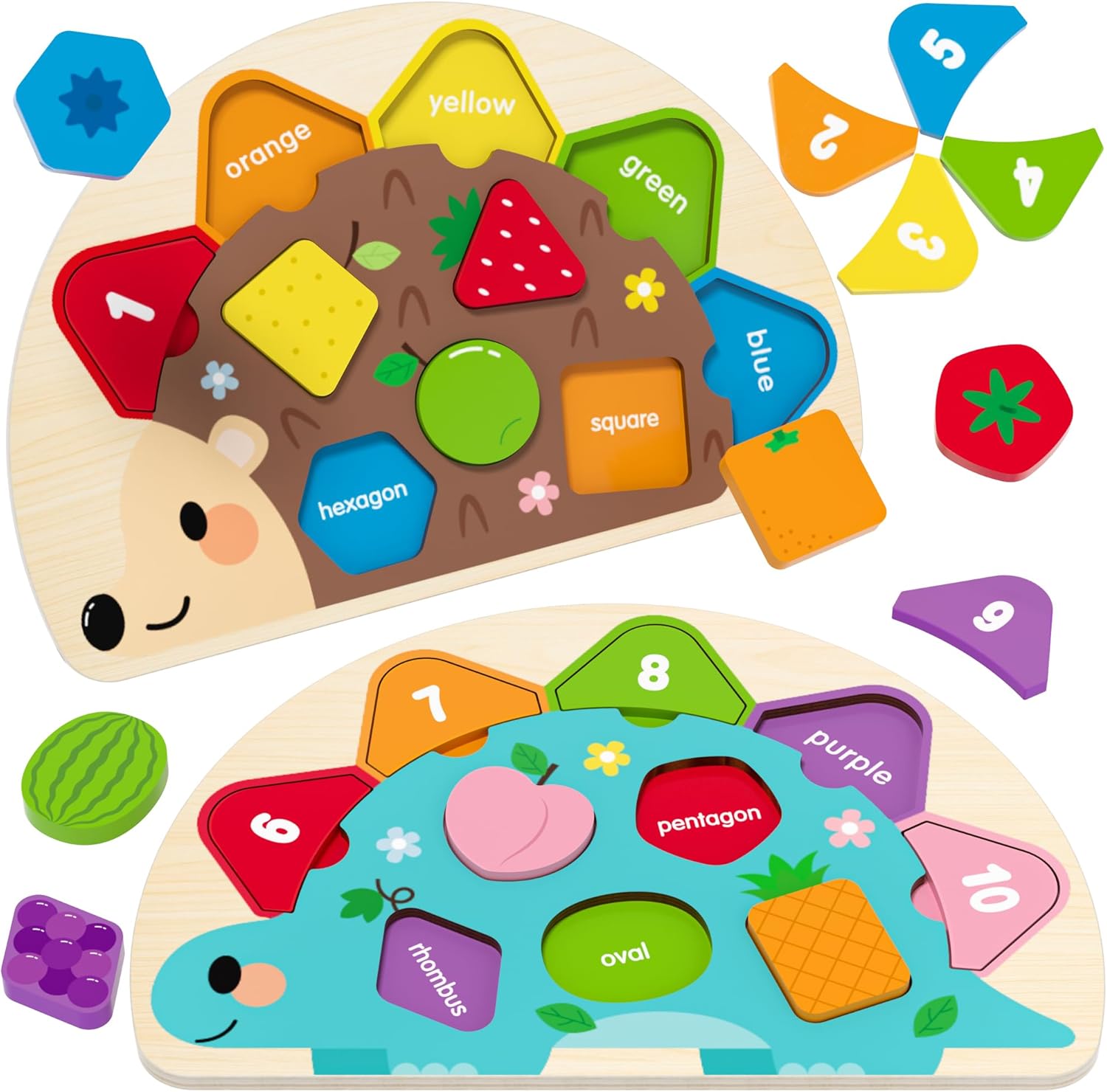 Montessori Toys for 1 2 3 Year Old, Wooden Puzzles Dinosaur Hedgehog Toy for Toddlers, Shape Sorter & Color Match Toddler Puzzles, Baby Puzzle Learning Toys Christmas Birthday Gifts for Girls Boys