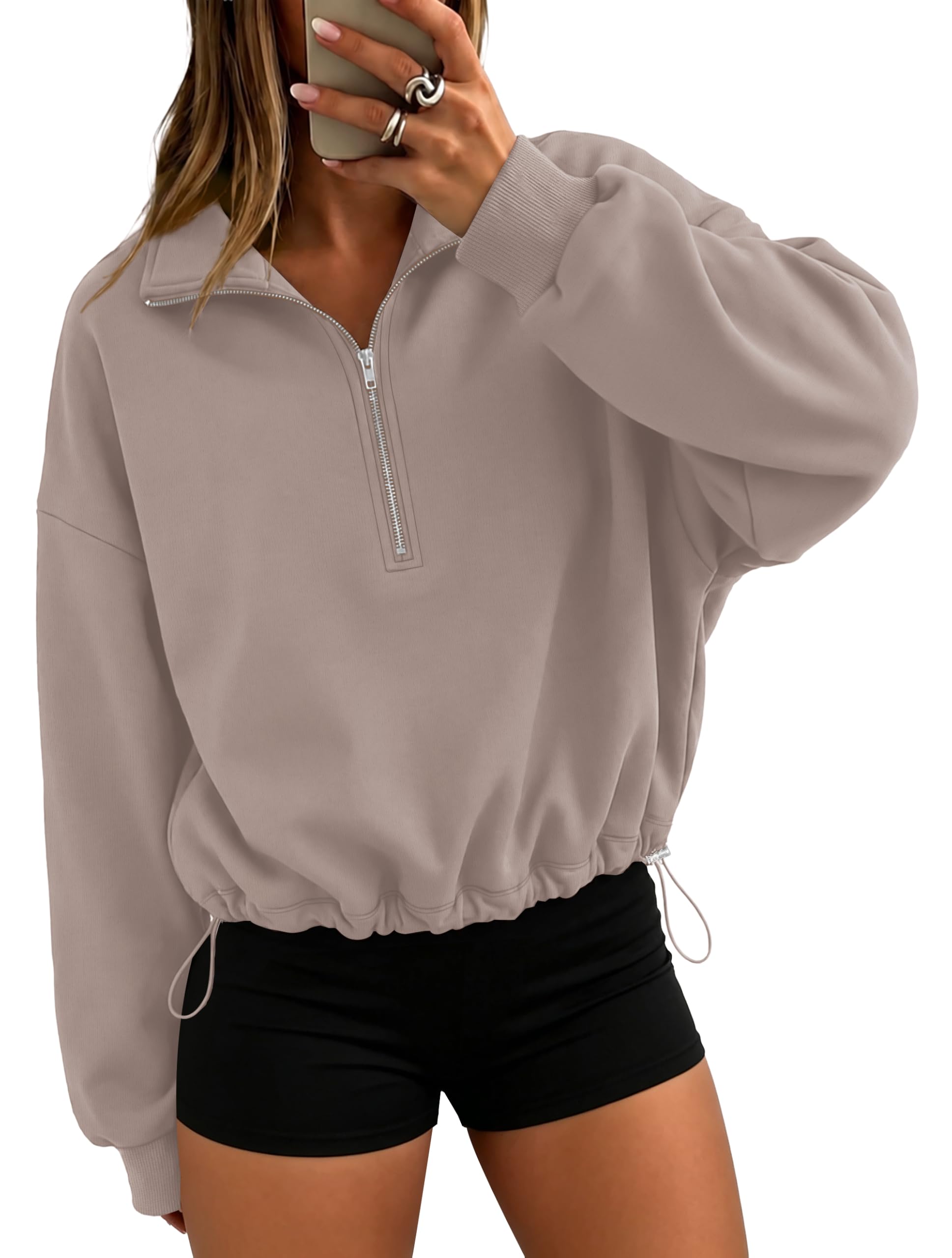Rexley Women's Quarter Zip Pullover Crop Sweatshirt Fall Fleece Nude Pink L