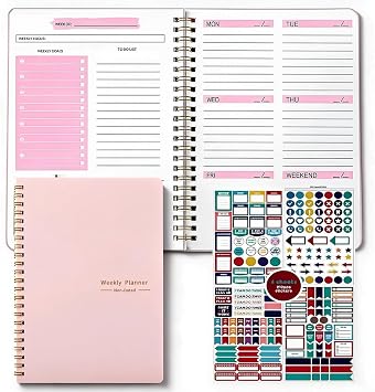 Weekly Planner Notebook A5, To Do List Notebook Diary 52 Weeks, Waterproof PVC Cover with Tabs, Smooth Notes Pages,Twin-Wire Binding of Daily Planner tracking for Daily life, Work, Students, Pink