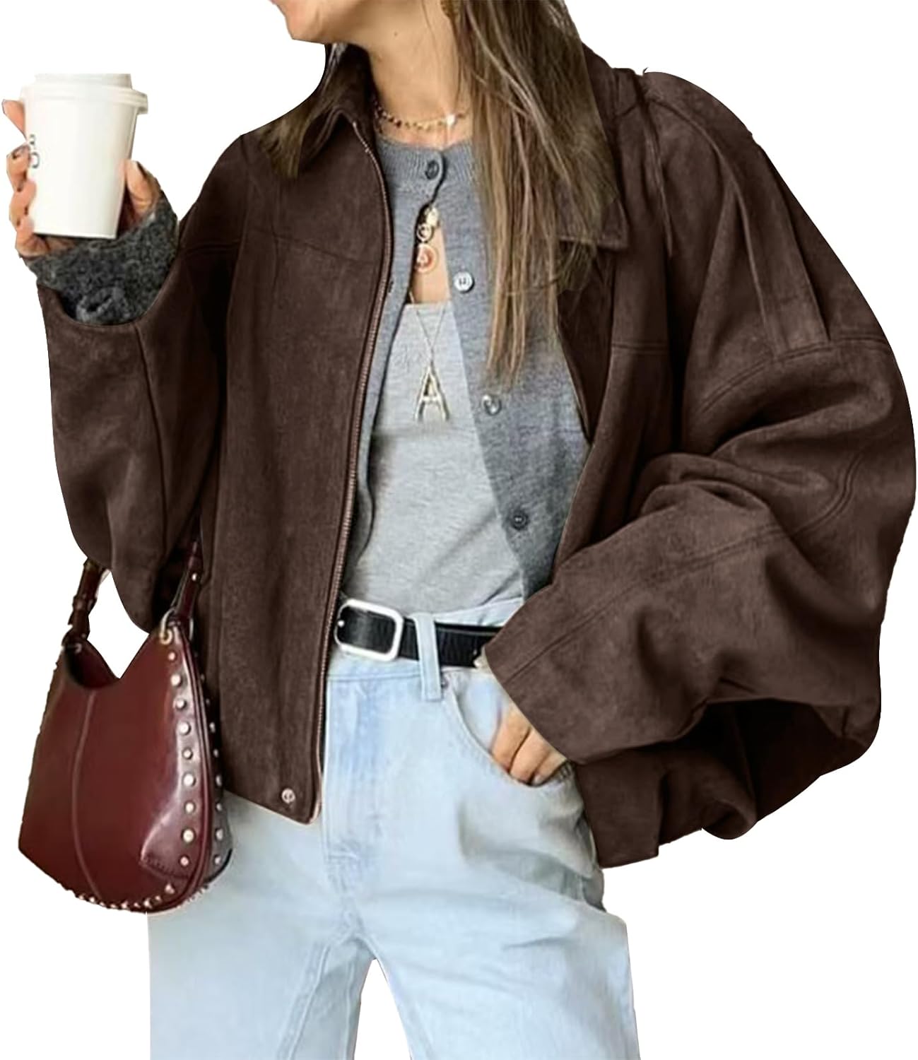 HOTIAN Women's Faux Suede Bomber Jacket Zipper Pilot Coat Casual Lapel Oversized Long Sleeves Y2K Outerwear Coats
