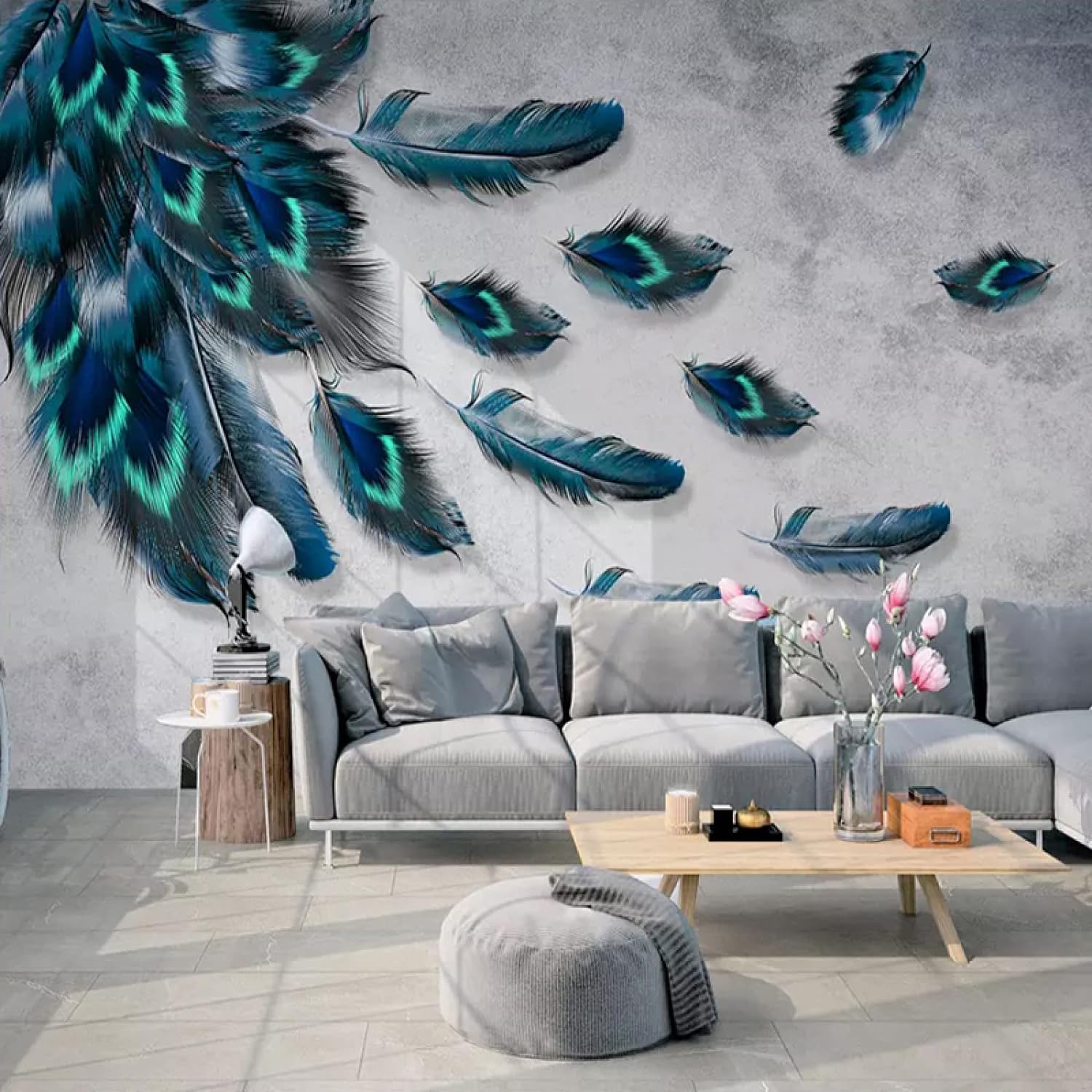 Photo papier peint 3D plumes pour rénover un mur abîmé sans peindre