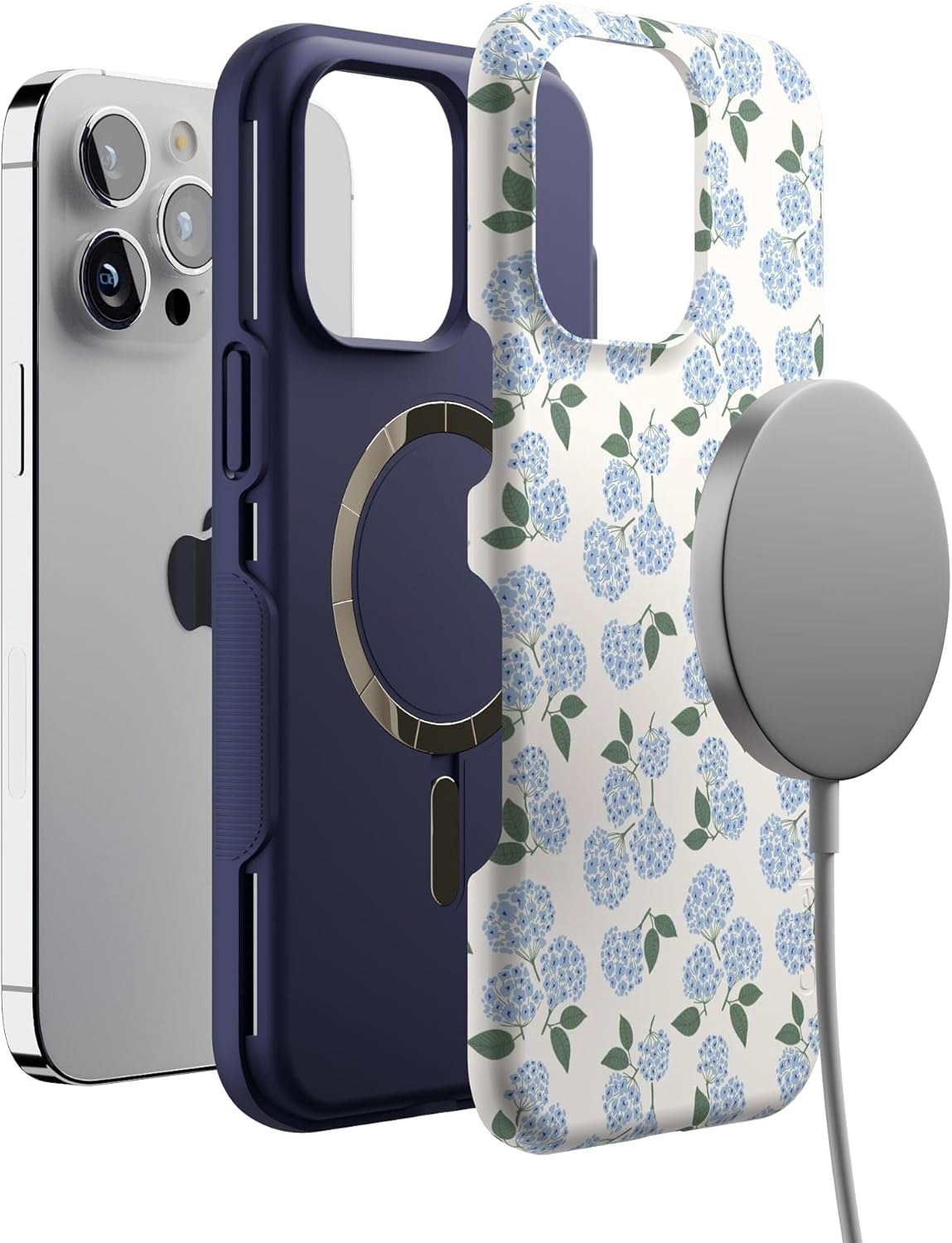 Casely iPhone 14 Pro Max Case | Nantucket Cottage | Blue Hydrangea | Bold Protective Design | Compatible with MagSafe