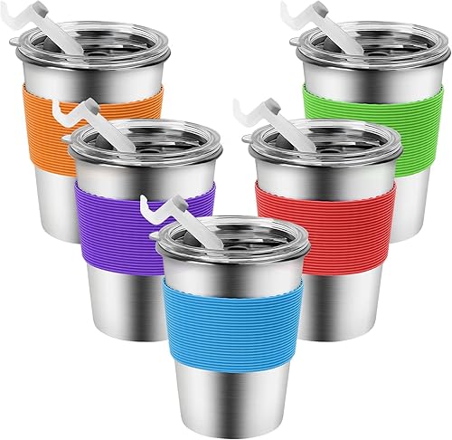 Ymmy Sam - Vasos de acero inoxidable con tapas, a prueba de derrames, aptos para lavavajillas, vasos de metal irrompibles para niños pequeños con