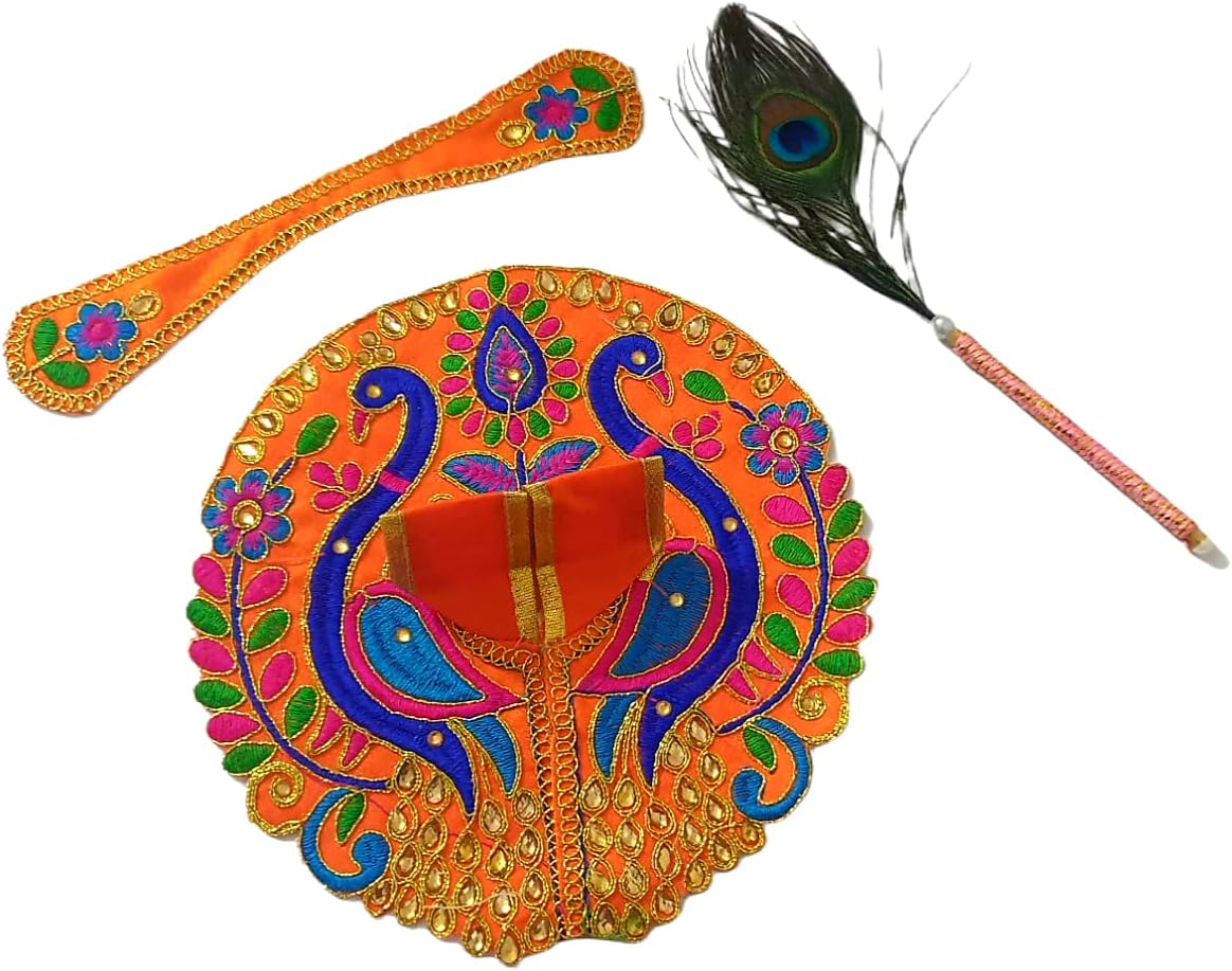 Sid Pari Saller Laddu Gopal/Thakur Ji/Kanha/Krishna/Govind Fancy Dress with Patka/Mor Pankh Combo Set (Size 0-1-2) Color Design As Per Available