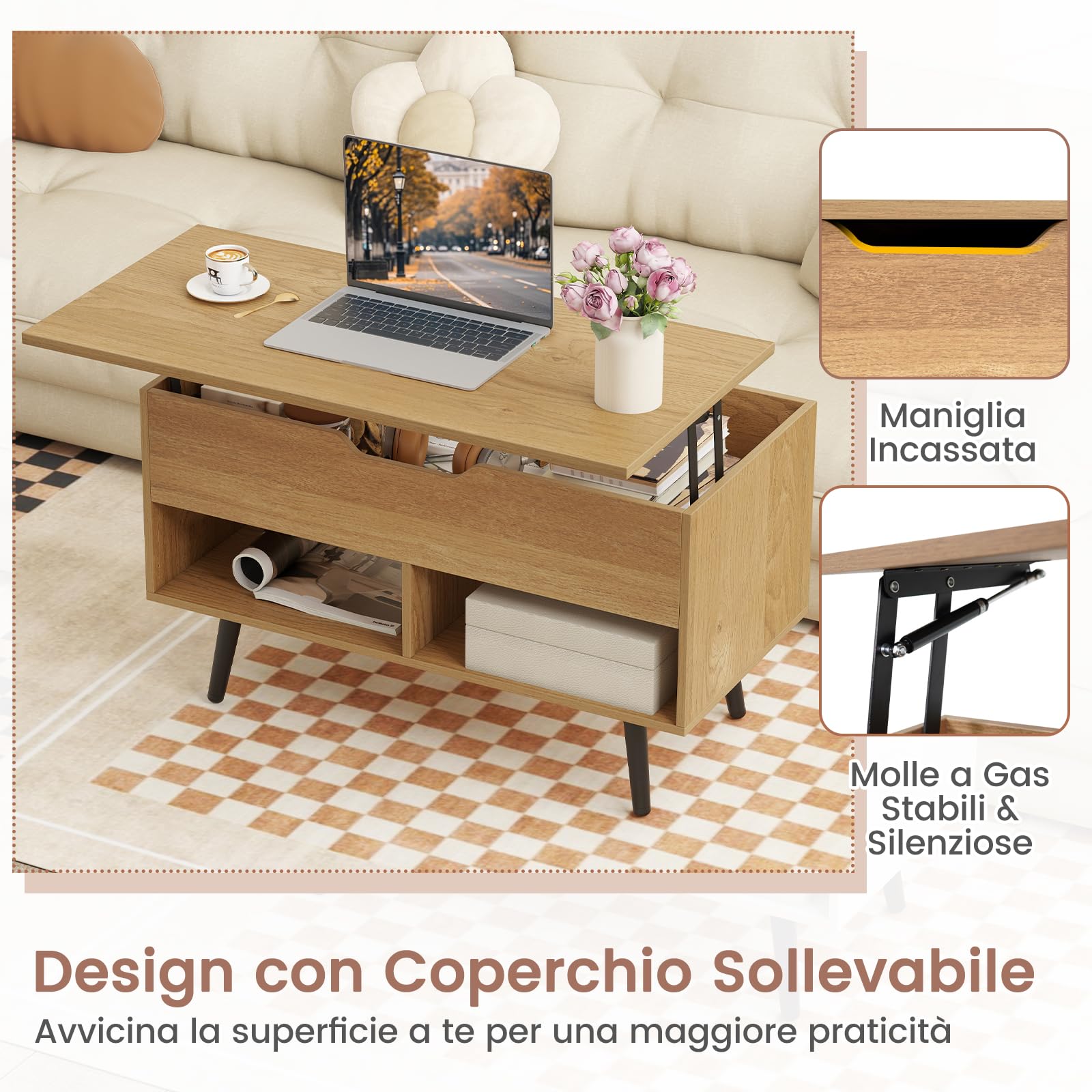 COSTWAY Tavolino da Salotto con Superficie Sollevabile, Tavolino da Caffè Moderno con Scompartimento Nascosto e 2 Ripiani, Ideale per Salone, Ufficio e Sala Riunioni (Naturale)
