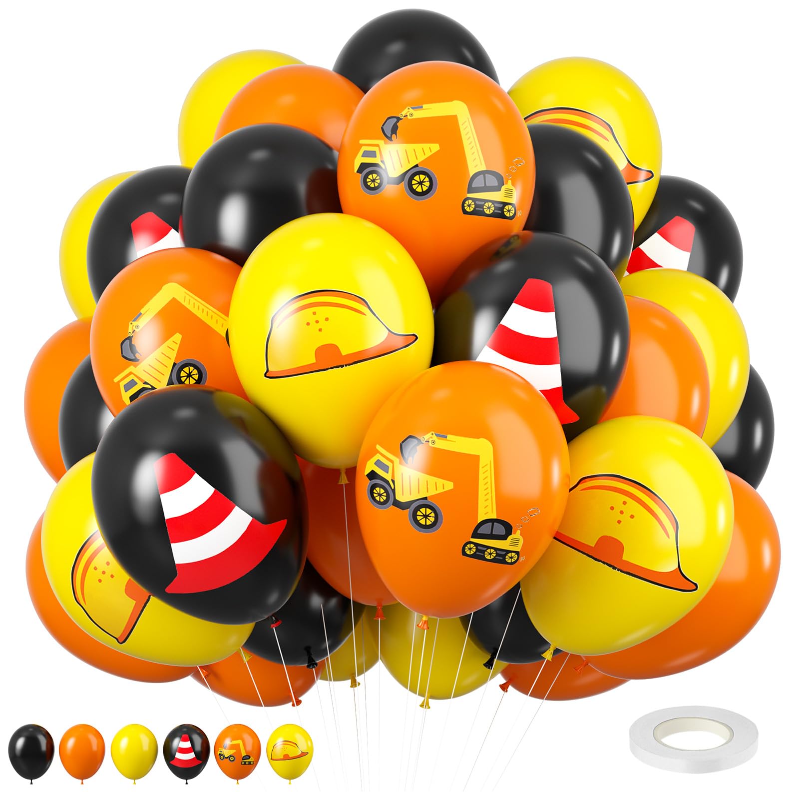 Construction Balloons, 12 inch Black Orange Yellow Balloons,Excavator Helmet Warning Printed Latex Balloons for Construction Party Birthday Truck Theme Baby Shower Boys Party Supplies