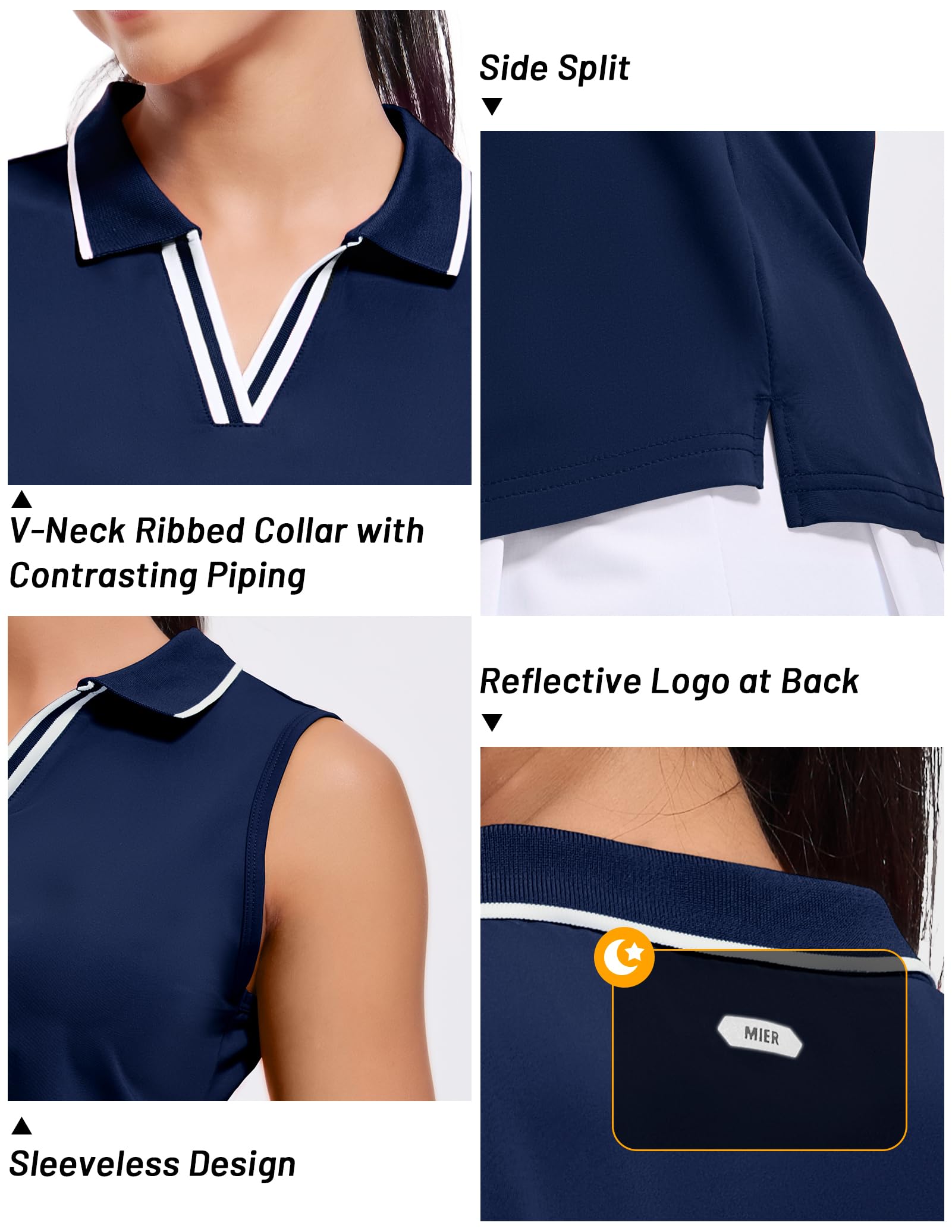 MIER Polo de golf sans manches pour femme, coupe sèche, col en V, chemise de tennis athlétique côtelée, évacuation de l'humidité