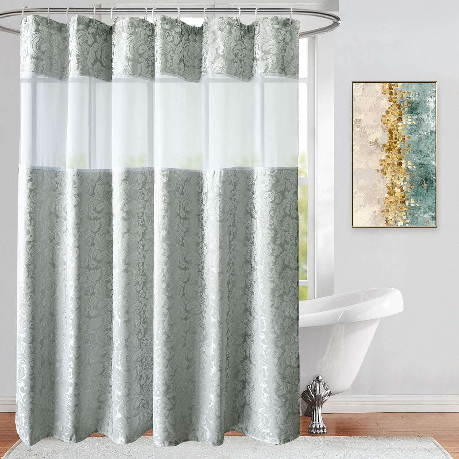 UFRIDAY Fabric Shower Curtains with Floral Patterns, Silvery Gray Bathroom Curtain with Damask Decor, Heavy Duty and Waterproof, Mesh Window Design, Weighted Bottom Hem (72Wx75L)
