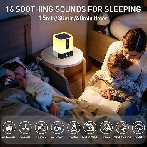 Miniatura 4 de Máquina de Sonido de Ruido Blanco con Reloj Despertador y Altavoz Bluetooth, 48 Luces Nocturnas, 16 Sonidos Relajantes para Dormir para Bebés,