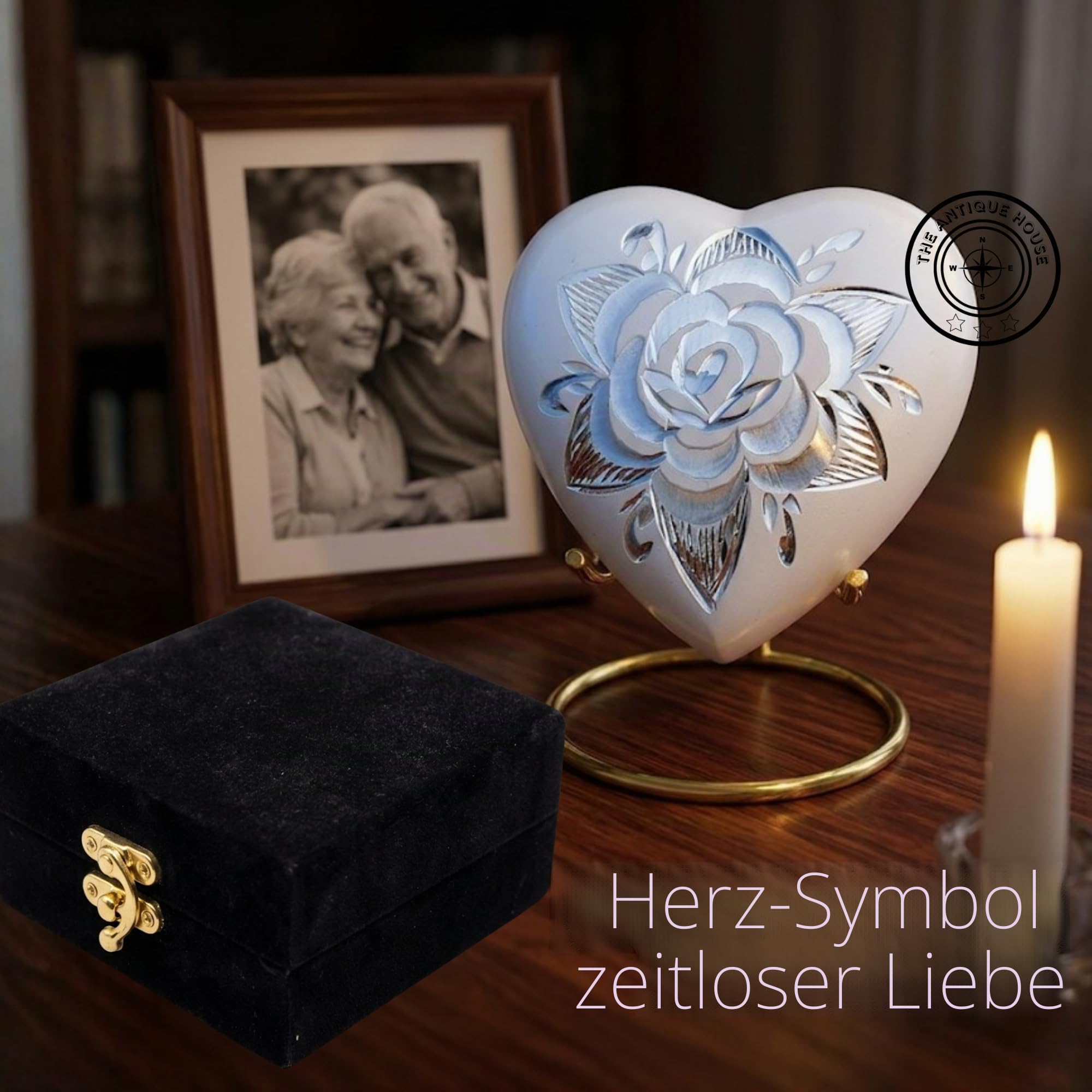 Mini-Urne mit weißen Rosen, Herzform, Urne für menschliche Asche, Erwachsene und Beerdigung für Erwachsene und Säuglinge, mit hochwertiger Samt-Box und Messingständer