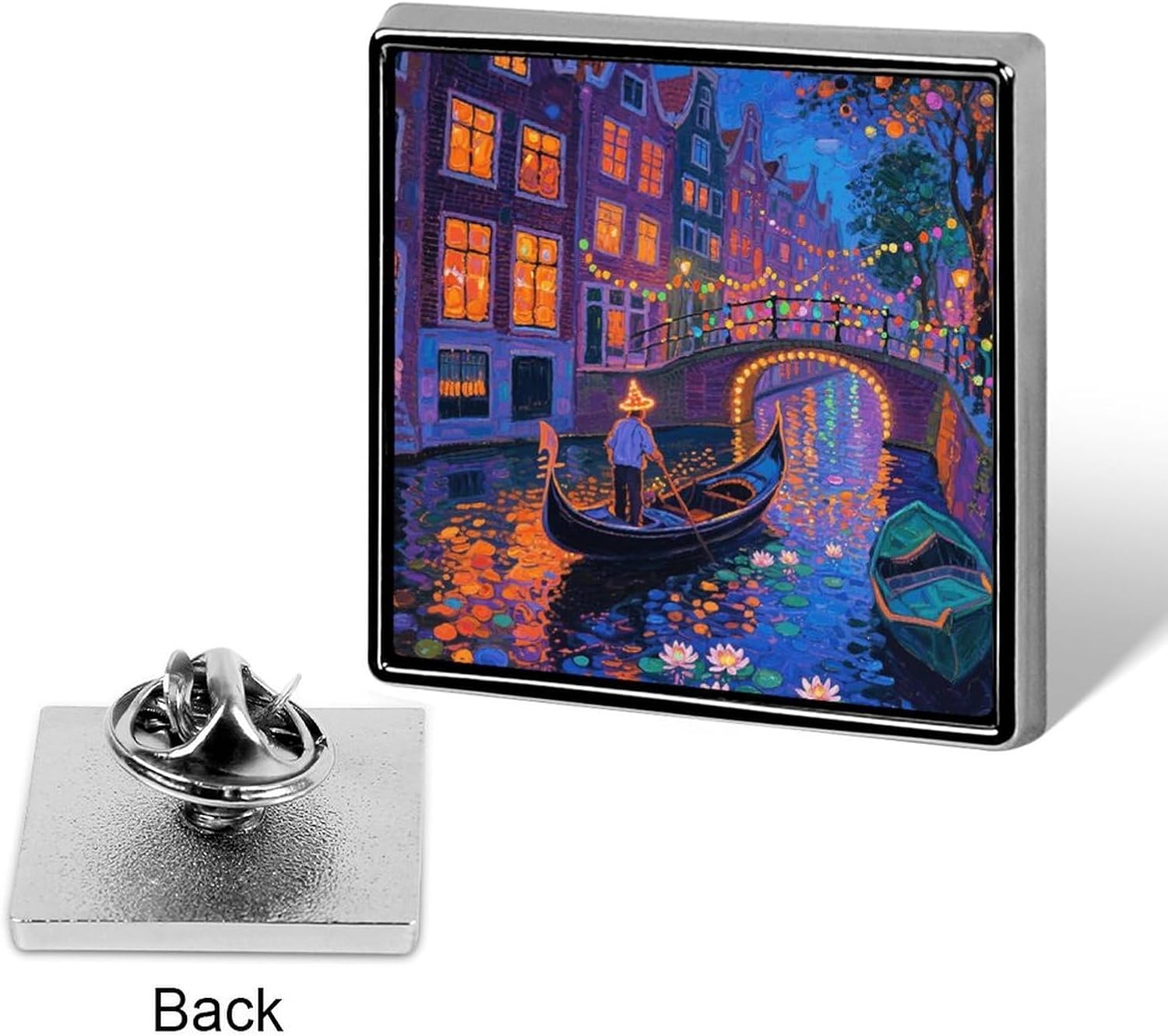 Amsterdam Canal Lights Lapel Pin Square Metal Brooch Pin with Secure Pin Back Fashion Button Badge for Clothing, Hats, Bags Decoration image 3