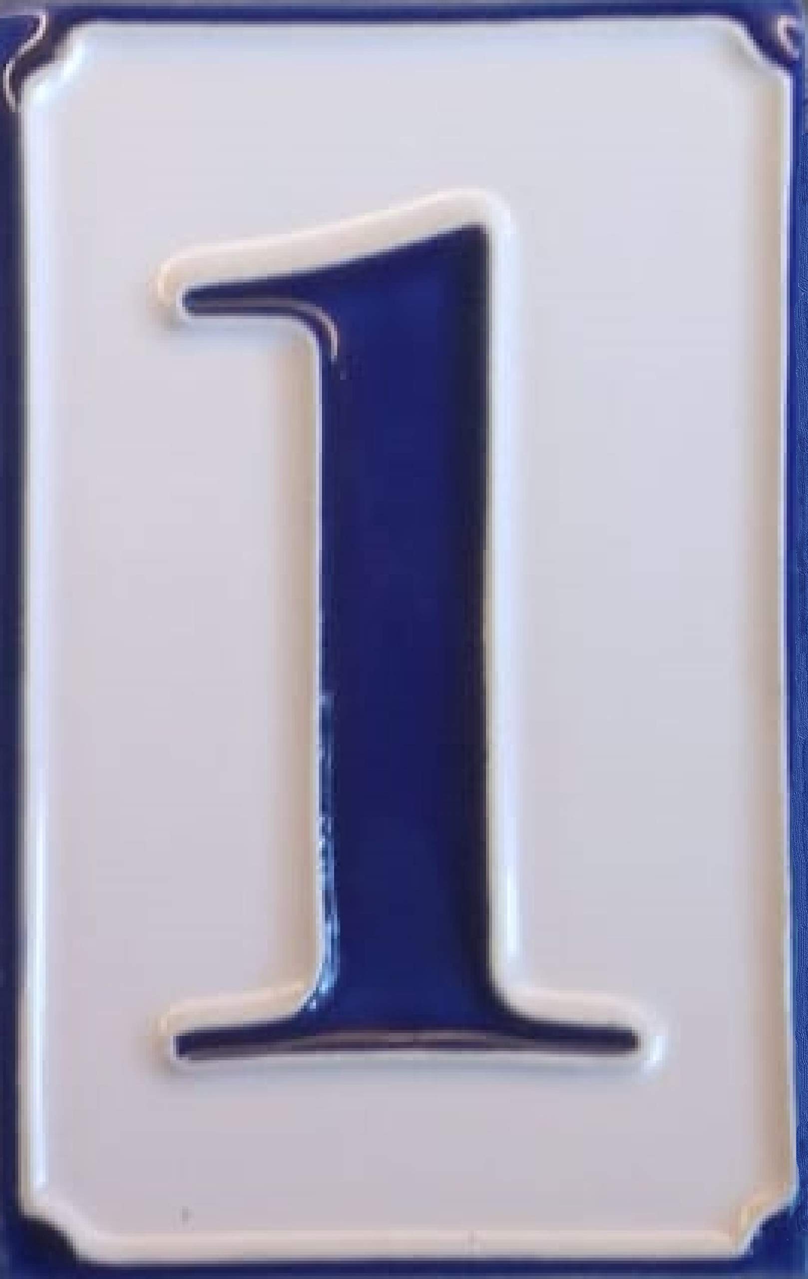 House Numbers Simple Blue & White Hand-painted Italian Ceramic Numbers & Letter Tiles 11cm x 7cm (Number 1)