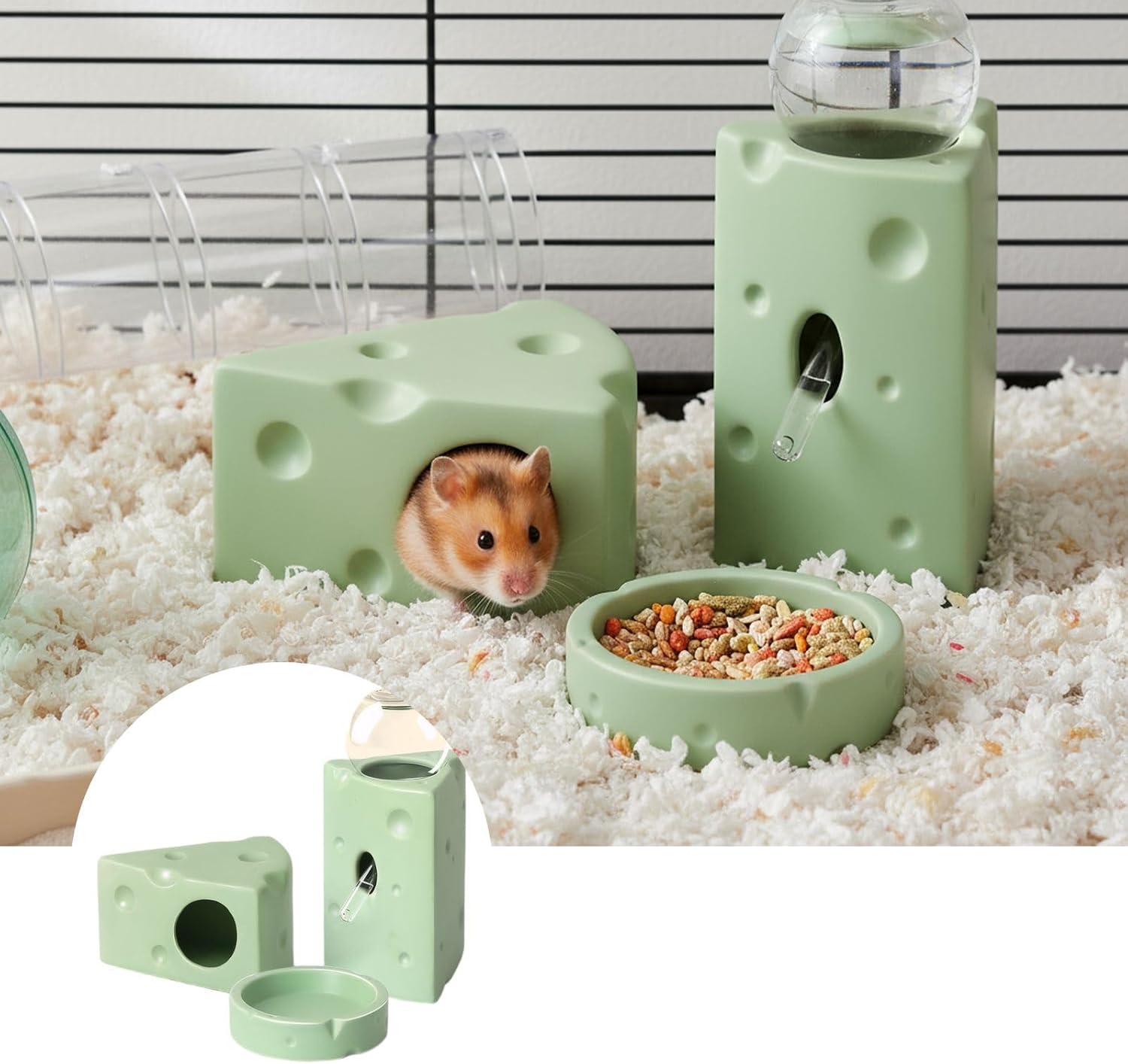 Hamster Ceramic House with Hideout Food Bowl and Water Bottle for Small Animals Indoor Cage Decoration