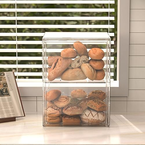 Miniatura 6 de NiHome Caja de almacenamiento de pan transparente apilable, paquete de 2, caja de pan equilibrada de gran capacidad, solución de almacenamiento