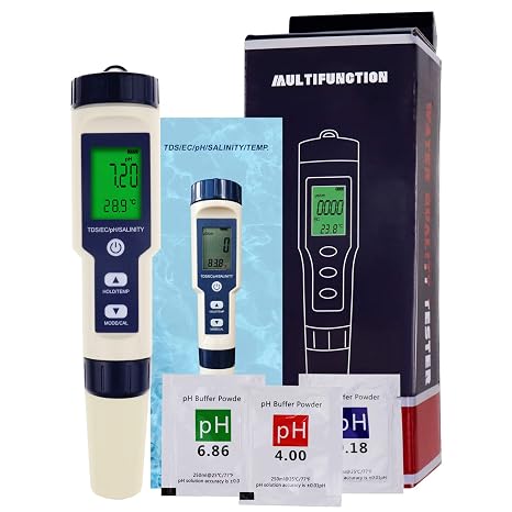 5 in 1 Digital pH Meter with TDS/EC/Salinity/Temperature Measurement Waterproof Highly Accurate Multi-Parameter Tester